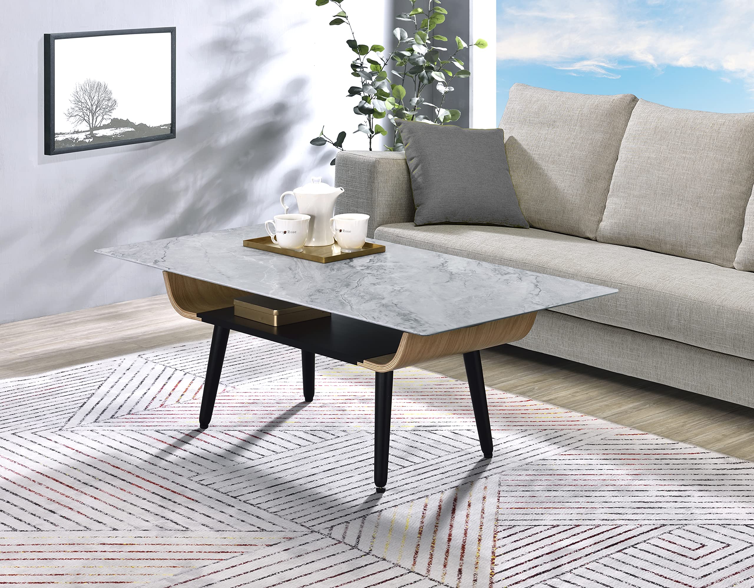 Lilola Home Landon Coffee Table with Glass Gray Marble Texture Top and Bent Wood Design