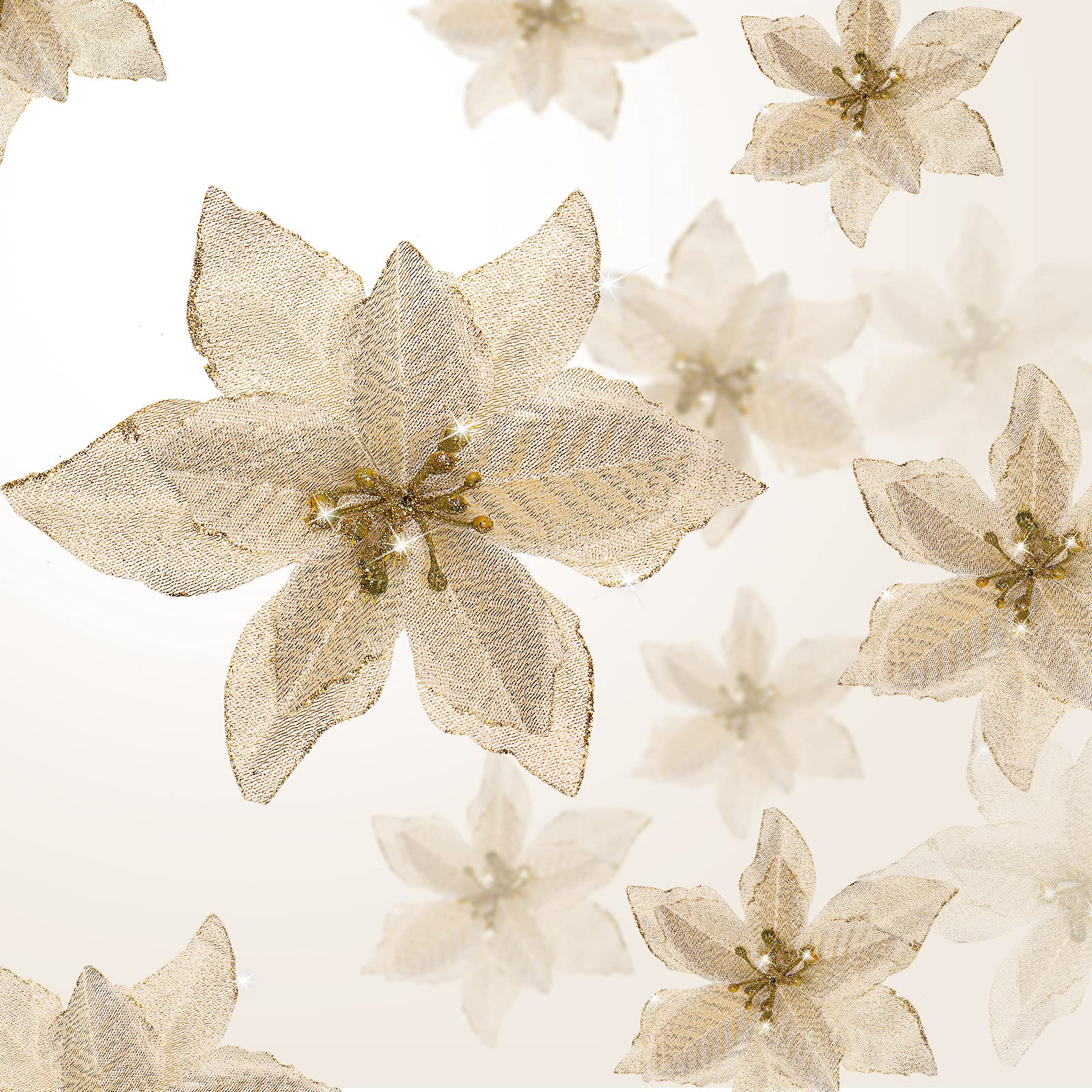WILLBOND 24 Pieces 3 Size Glitter Poinsettia Wedding Faux Flowers Ornaments for Christmas Tree New Year Home Outdoor - Gold, 3.2