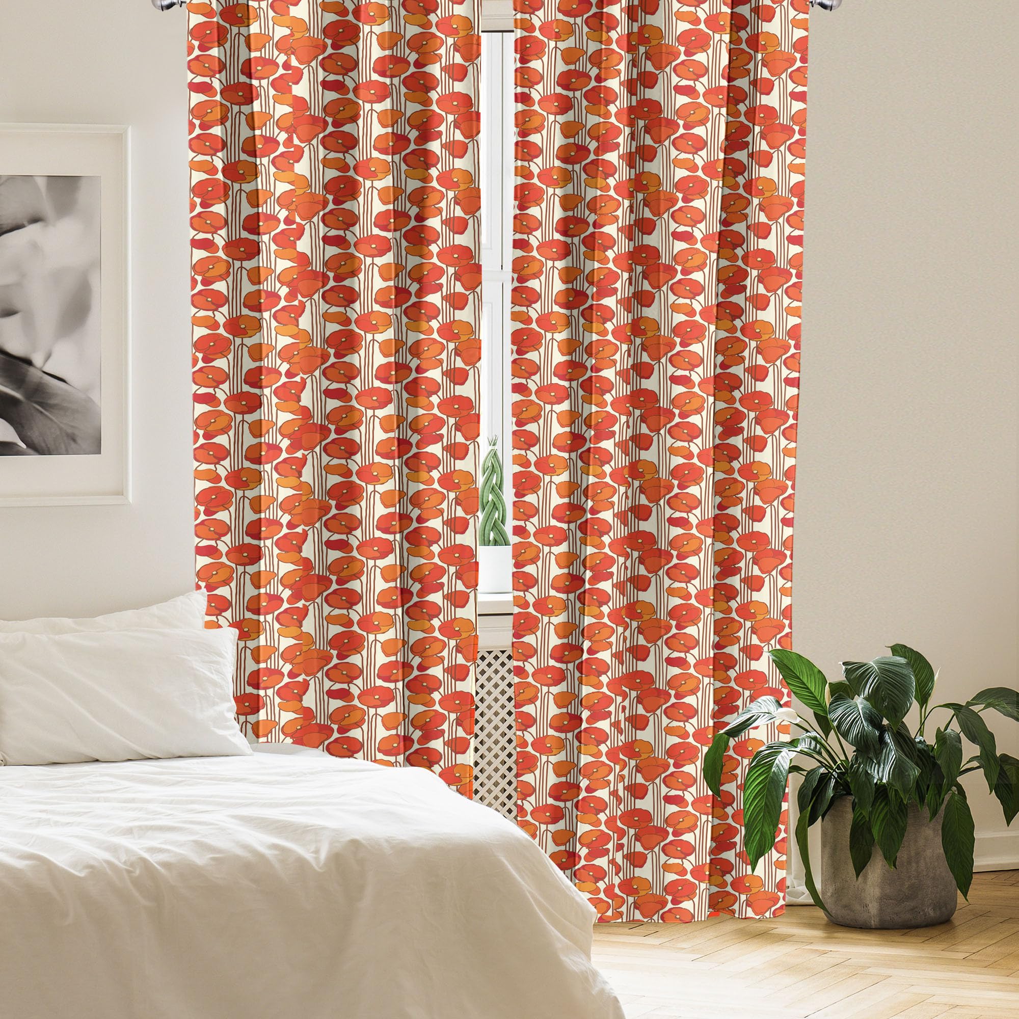 Ambesonne Floral Window Curtains, Art Nouveau Style Poppy Flowers Retro Spring Summer Garden Foliage Petals, Lightweight Decorat
