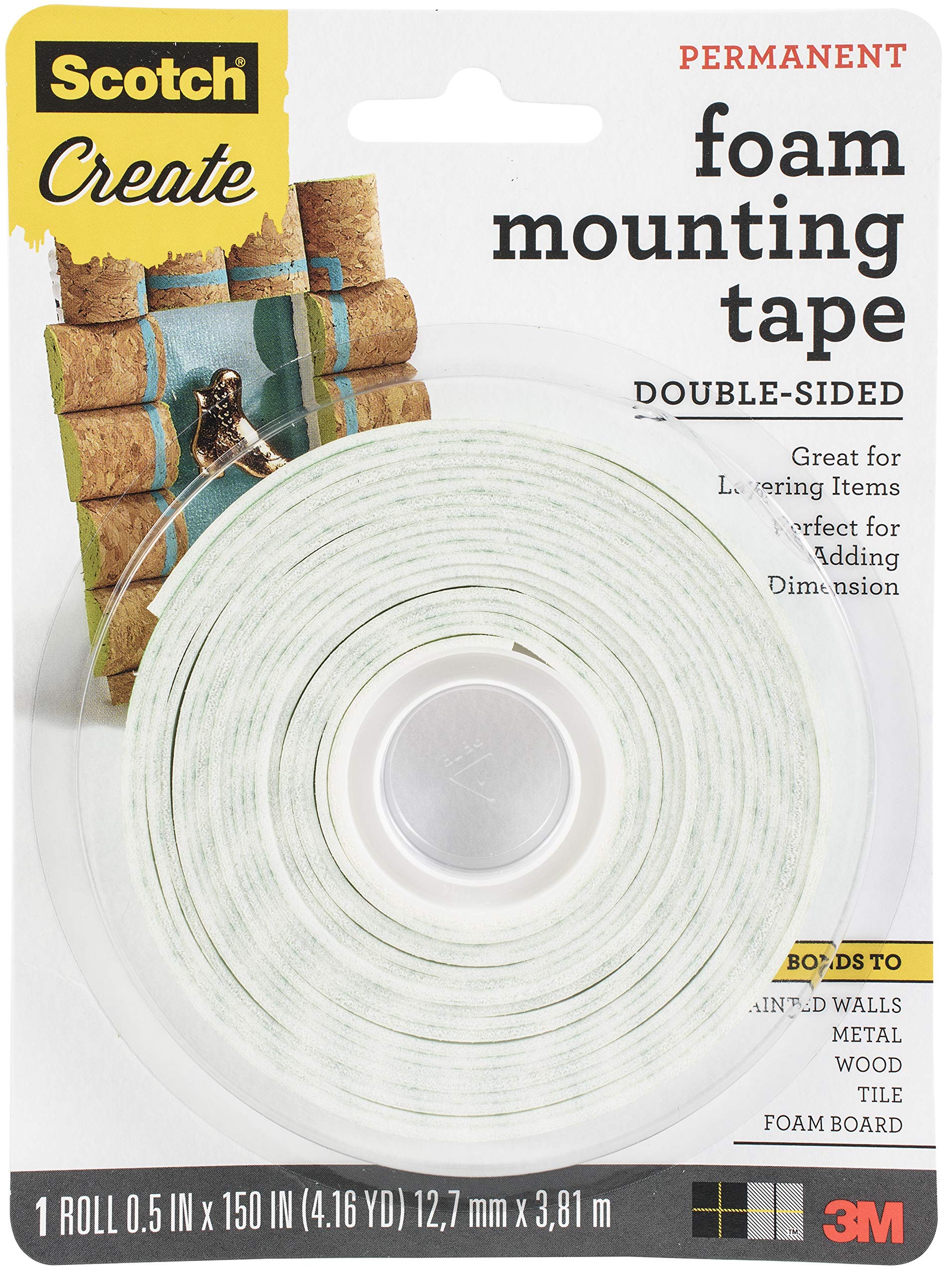 Scotch Mounting, Fastening, & Surface Protection Scotch Foam Mounting Tape, 1/2-Inch X 150-Inches, White, 1-Roll (4013), 1/2'X1