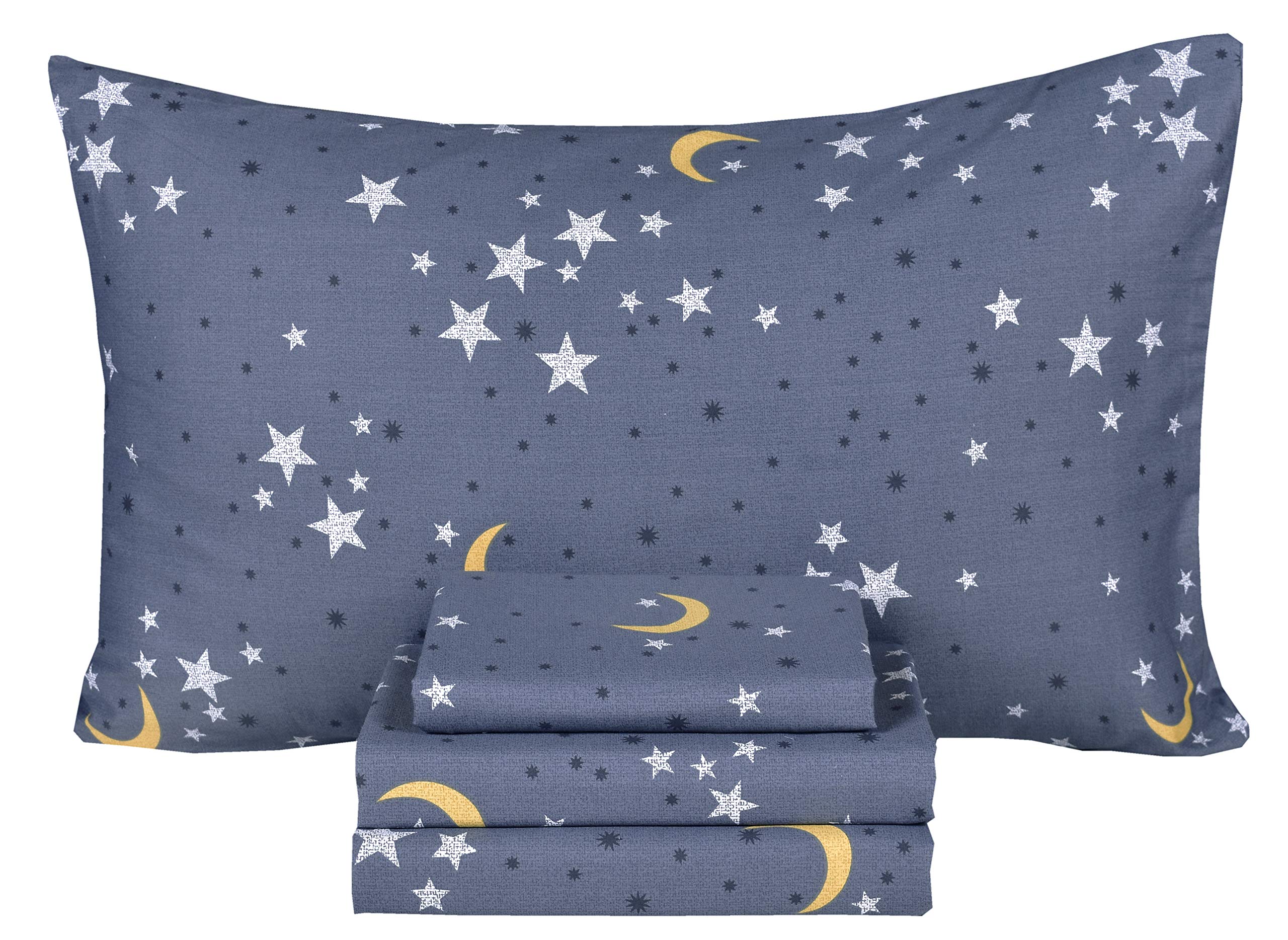 Scientific Sleep Moon & Star Night Sky Teen Boys Girls 100% Cotton Queen Bed Sheet Set, Flat Sheet & Fitted Sheet & Pillowcase B