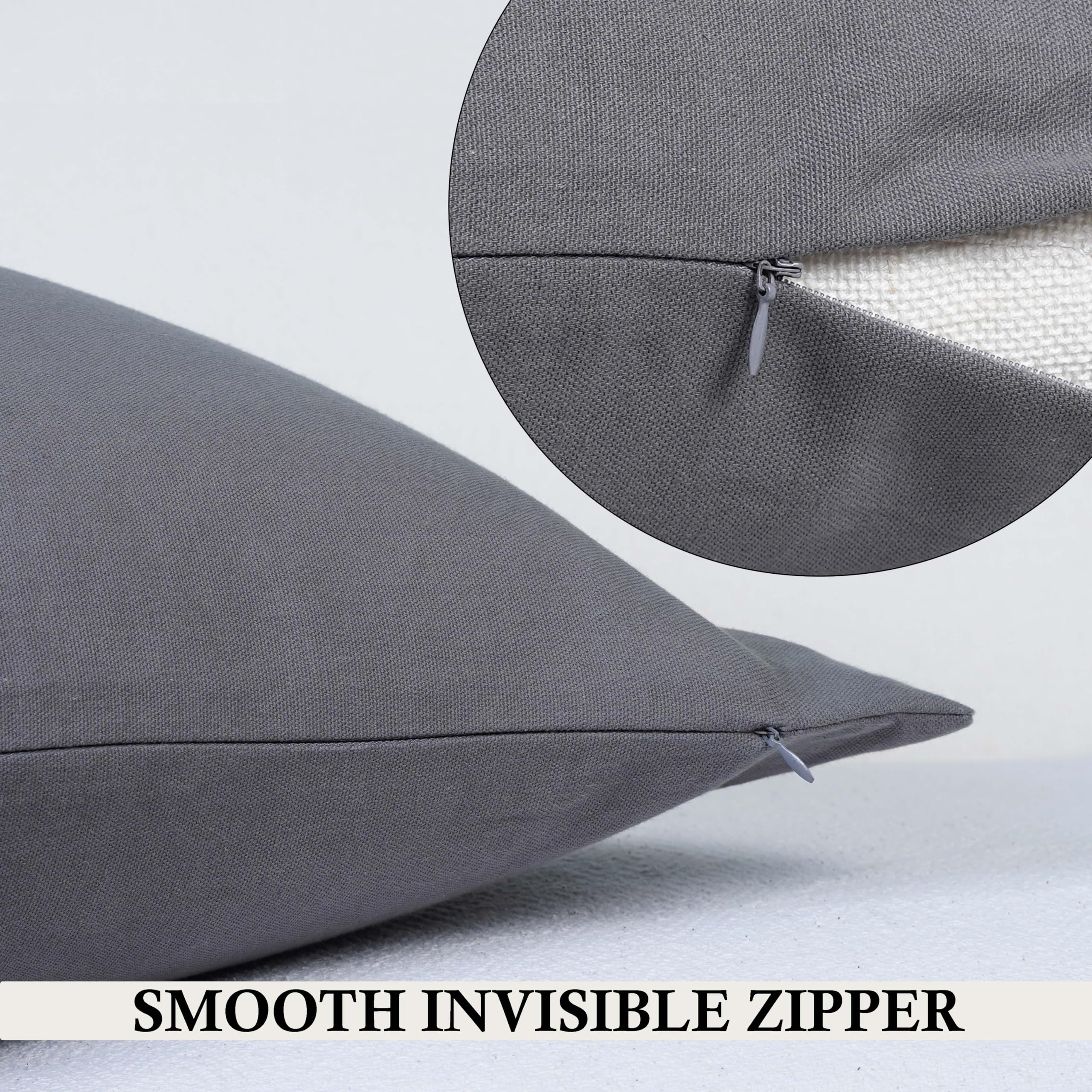 Cotton Throw Pillow Covers Gray Charcoal 24''X24'' Set Of 2 By Rely+ - Decorative Zippered Throw Pillow Covers For Couch, Sofa,