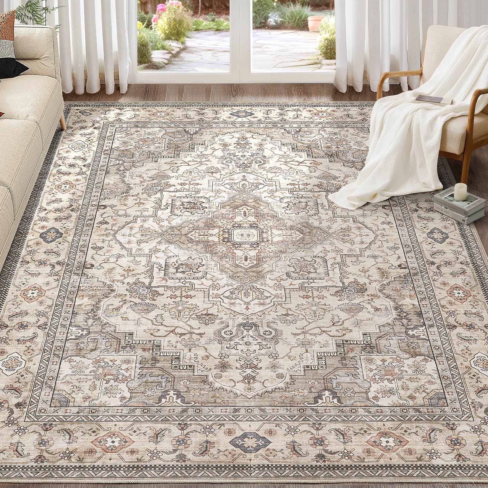 EIEIHOUSE Washable Area Rugs for Living Room - 9x12 Neutral Vintage Distressed Floral Farmhouse Boho Large Soft Floor Rug Indoor