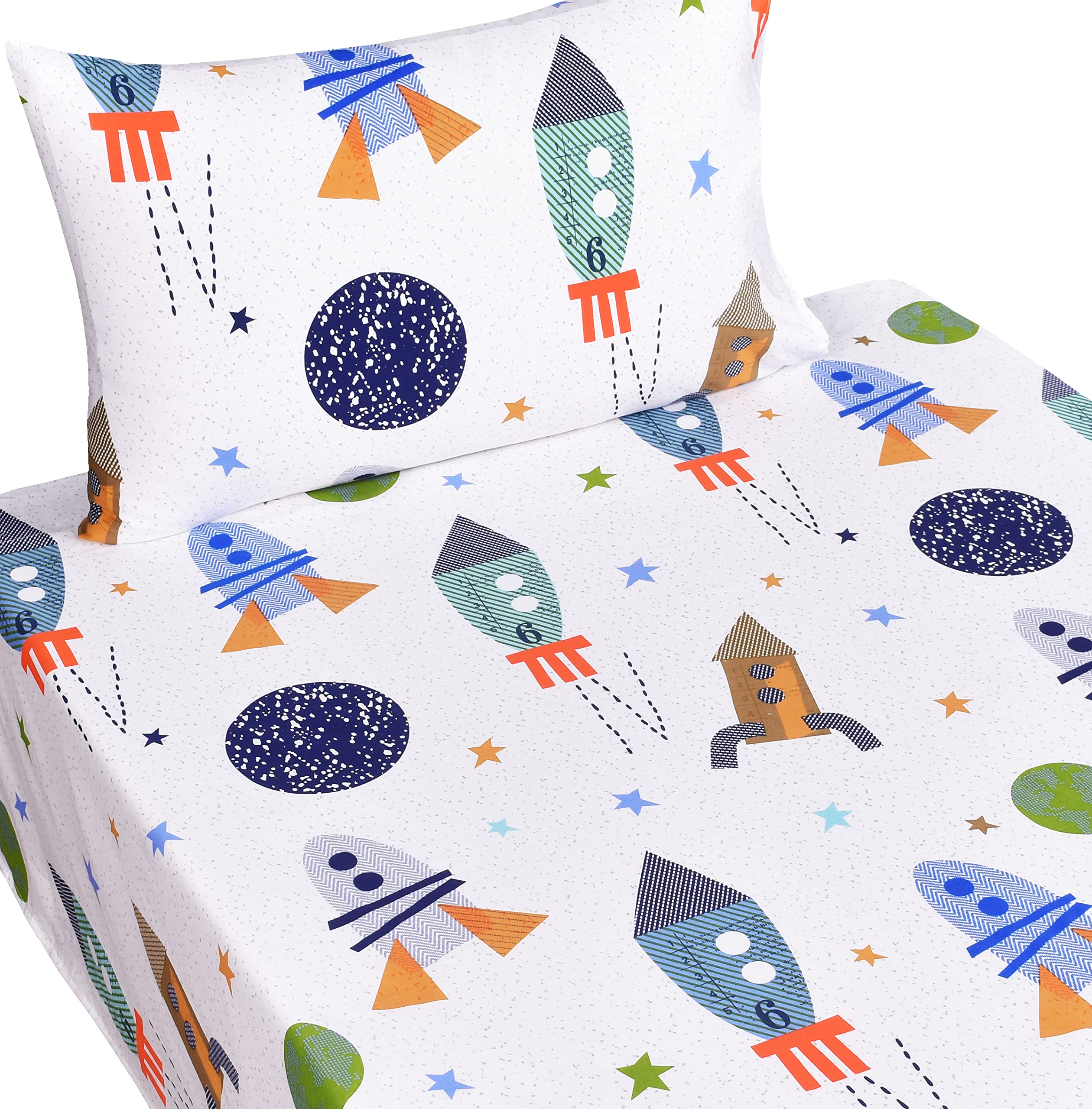 Scientific Sleep Outer Space Airship Rocket Star Explore Teen Boys Girls Cotton Cotton Twin Bed Sheet Set, Flat Sheet & Fitted S