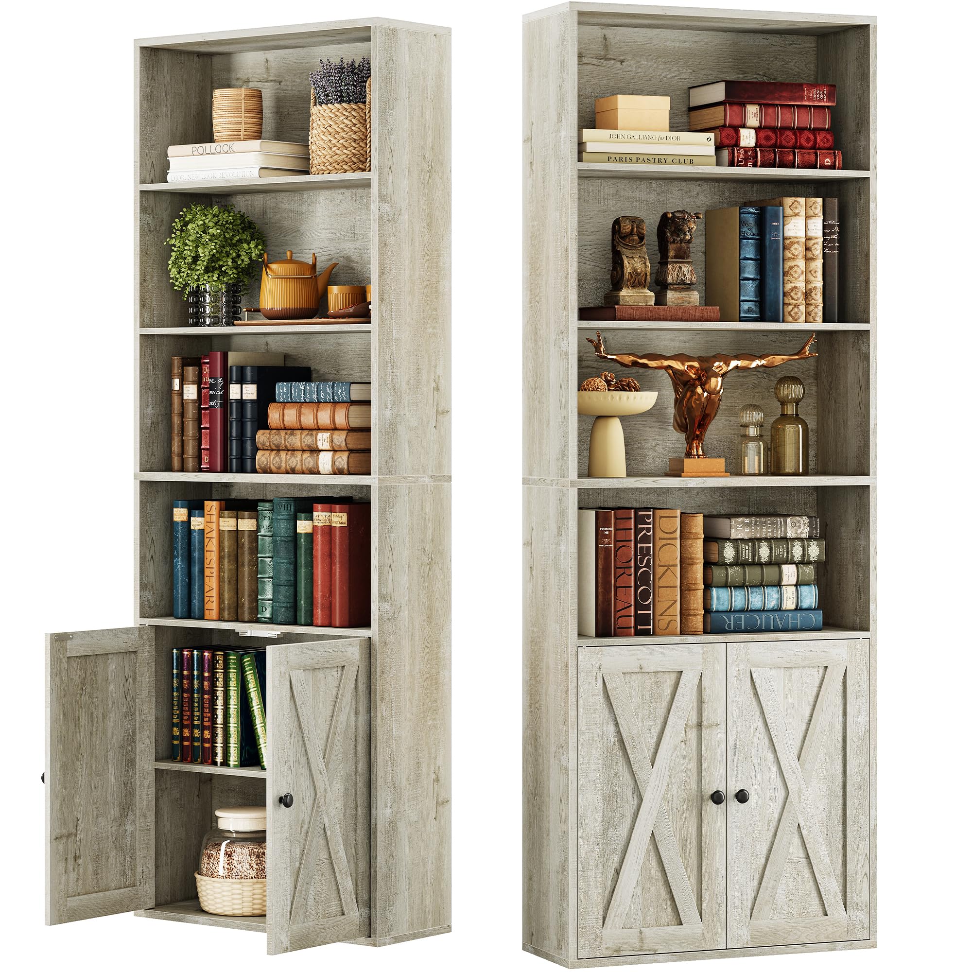 Ironck Industrial Bookshelves And Bookcases With Doors Set Of Two Floor Standing 6 Shelf Display Storage Shelves 70 In Tall Bookcase For Home Office, Living Room