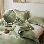 Simple&Opulence 100% Linen Duvet Cover Set With Crossed Embroidery Washed - 3 Pieces (1 Duvet Cover With 2 Pillow Shams) Soft Breathable Farmhouse - Sage Green, King Size