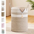 72L Large Tall Cotton Rope Laundry Basket with Handles, White & Brown