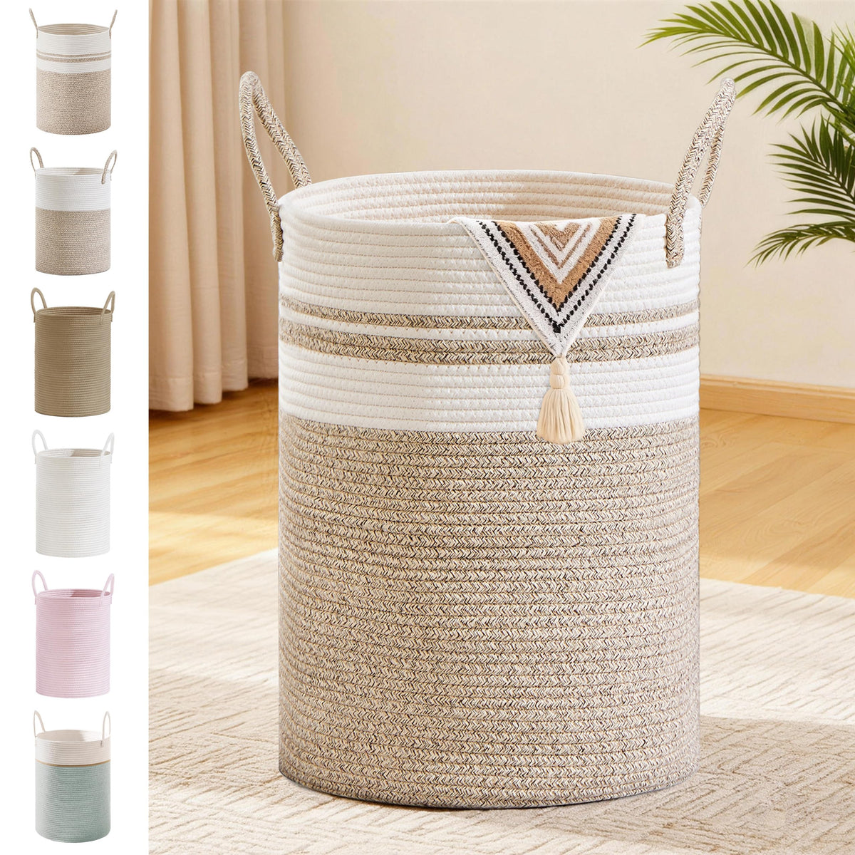 72L Large Tall Cotton Rope Laundry Basket with Handles, White & Brown