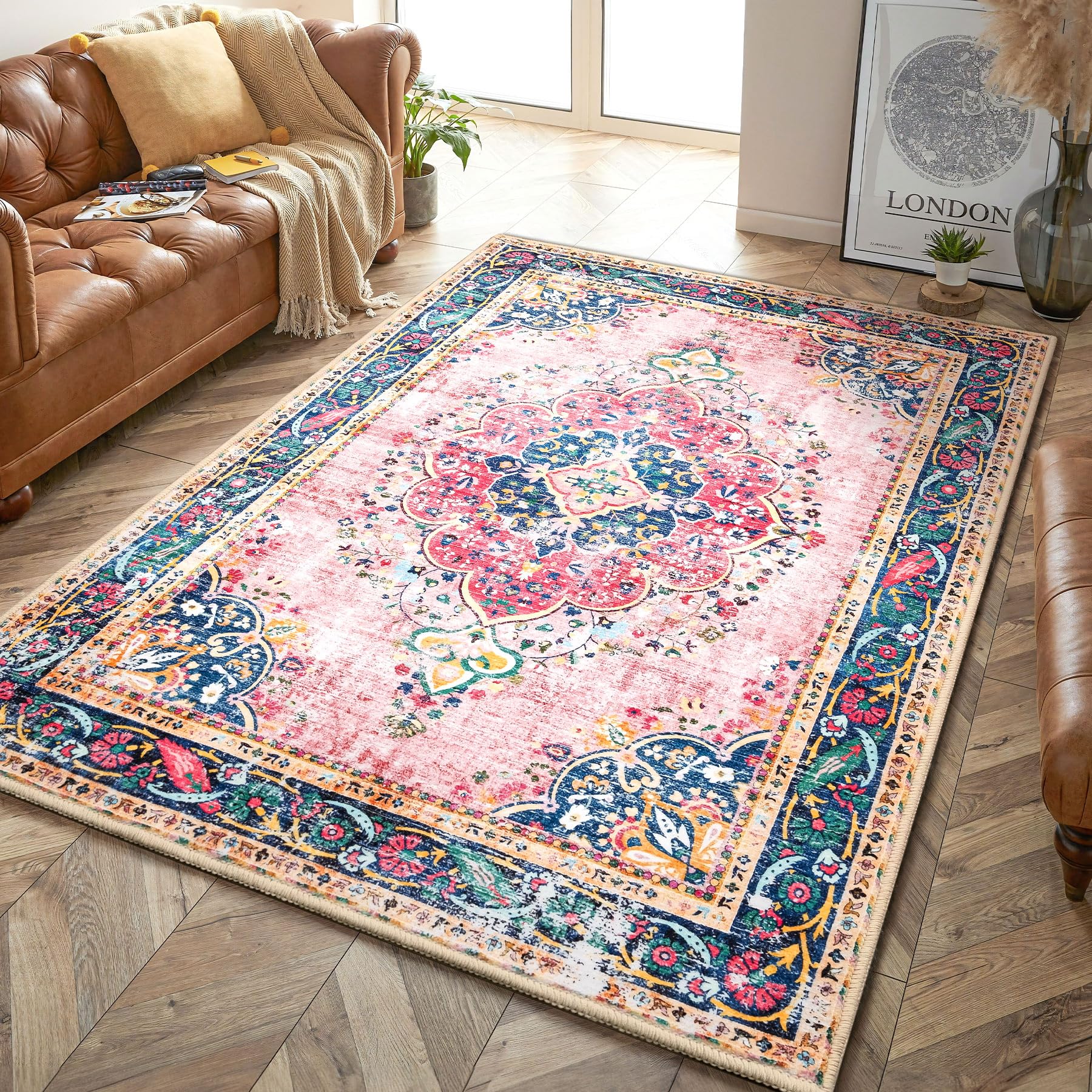 YesRug 5x7 Area Rugs Pink Boho Rug for Living Room Vintage Rug Non-Slip Washable Low Pile Foldable Large Rug for Bedroom Dining 