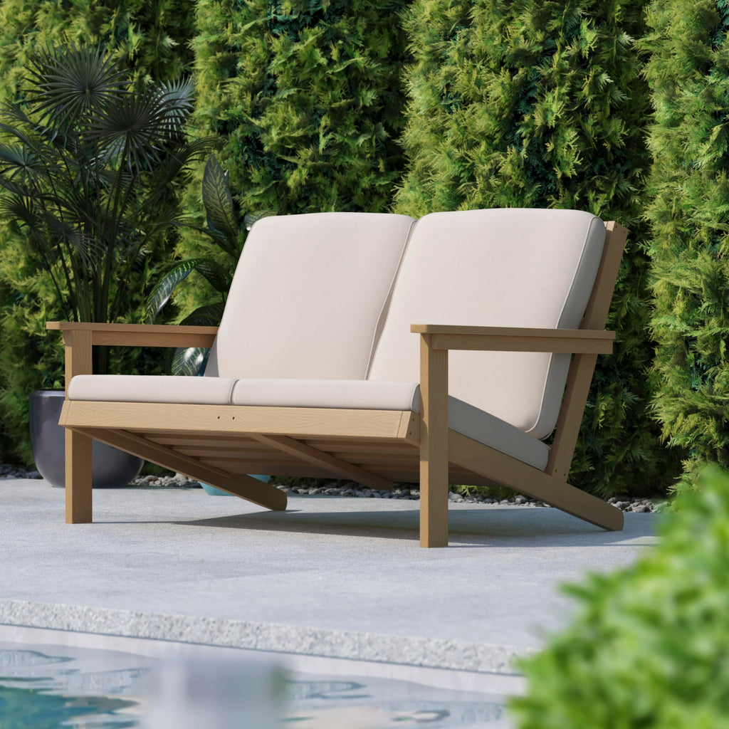 Flash Furniture Charlestown Adirondack Style Deep Seat Patio Loveseat with Cushions - Natural Cedar Poly Resin Frame - Cream All-Weather Cushions - Indoor/Outdoor