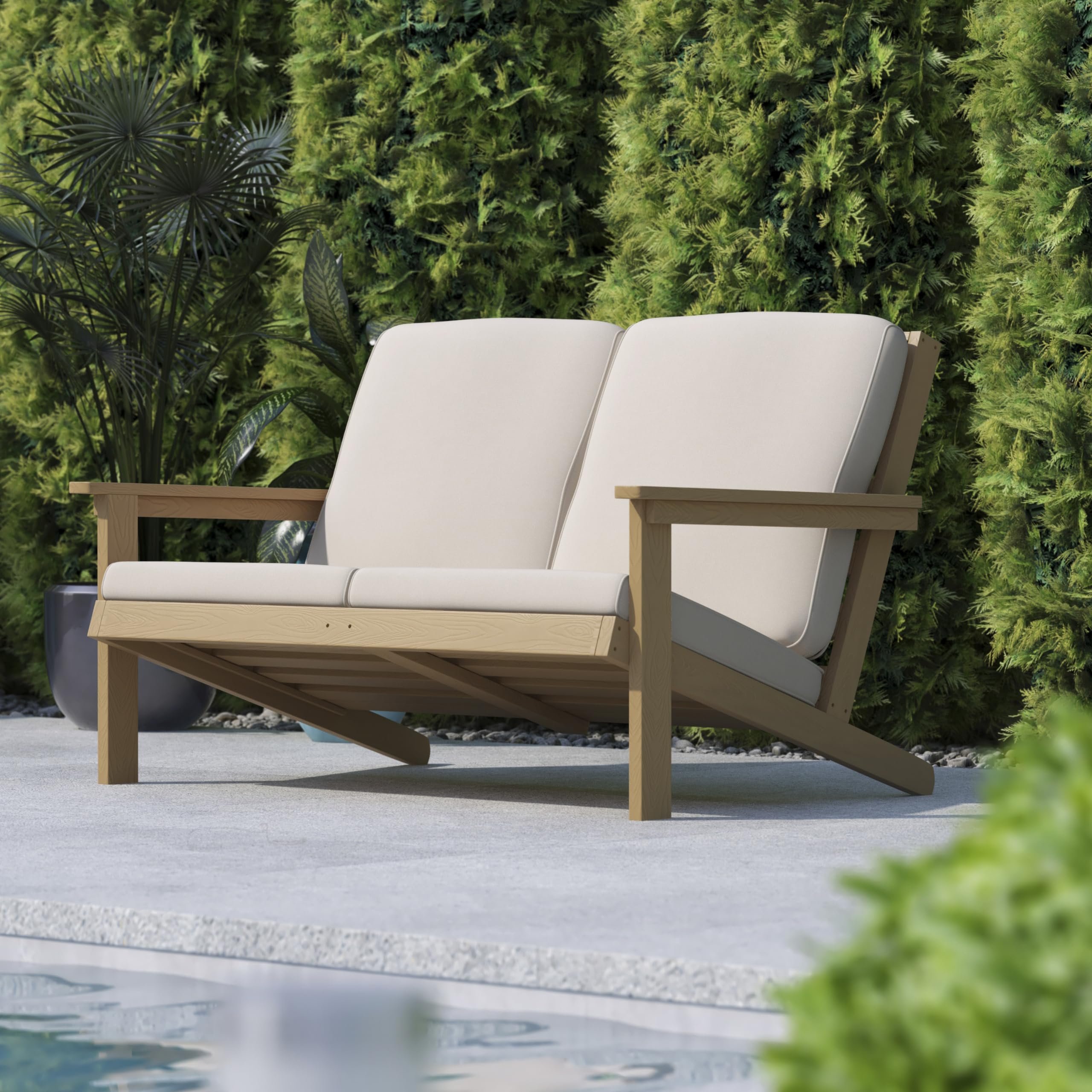 Flash Furniture Charlestown Adirondack Style Deep Seat Patio Loveseat with Cushions - Natural Cedar Poly Resin Frame - Cream All-Weather Cushions - Indoor/Outdoor