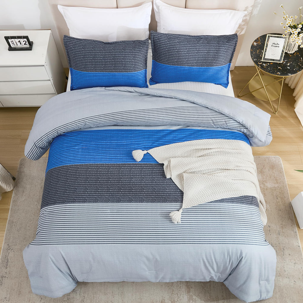 Litanika Blue Grey Bed Comforter Twin Set, Xl Twin Comforter Boys Men Striped Bedding Comforter Set, 2 Pieces Lightweight Soft A