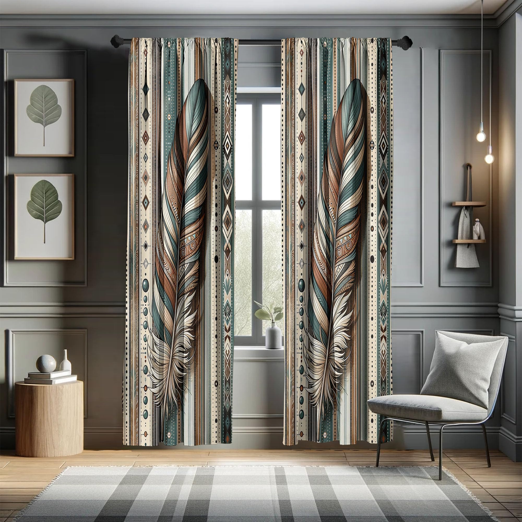 Ambesonne Bohemian Window Curtains Pack Of 2, Bold And Big Feather Motif On Southwestern Inspired Striped Print, Lightweight Set