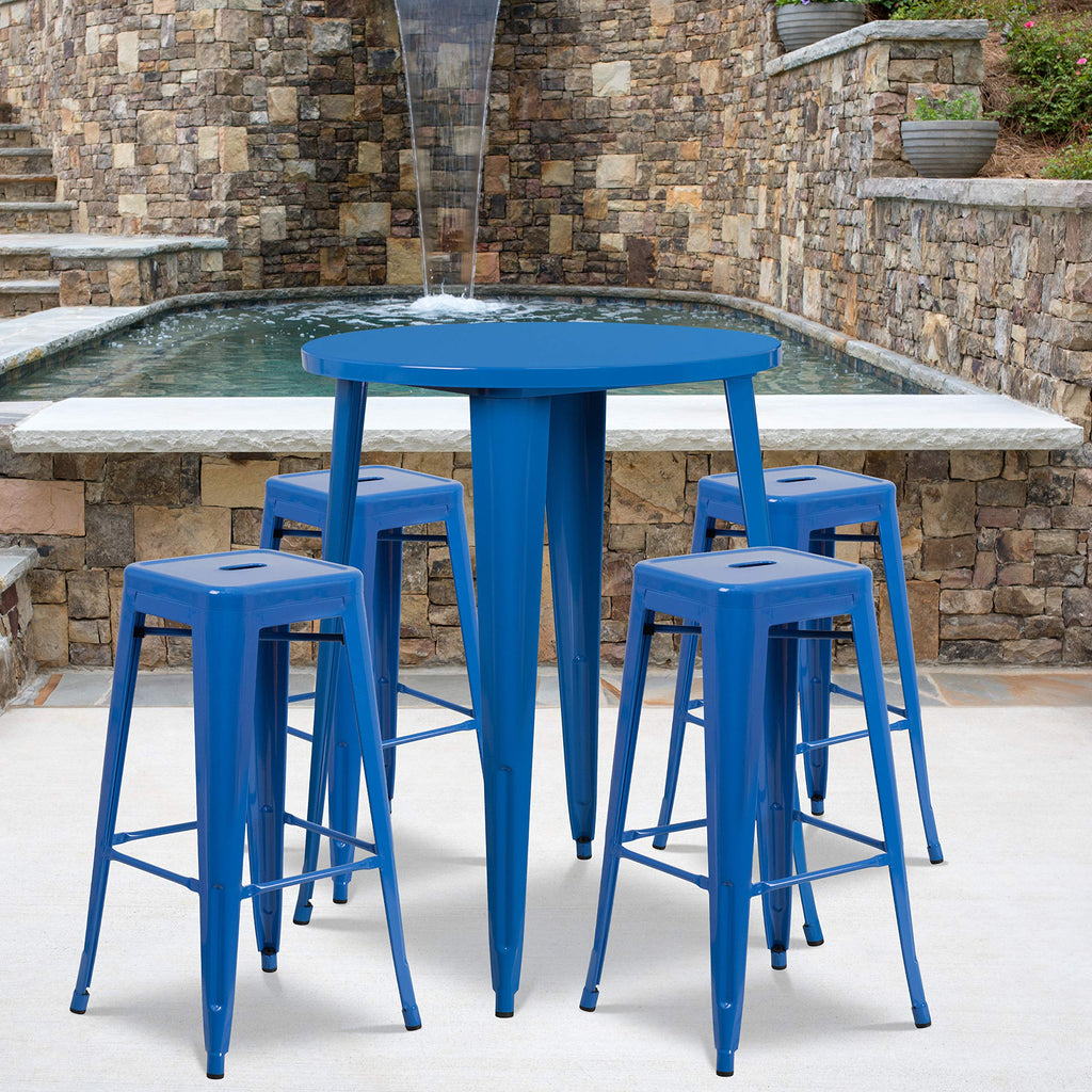 Flash Furniture Commercial Grade 30" Round Blue Metal Indoor-Outdoor Bar Table Set with 4 Square Seat Backless Stools