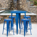 Flash Furniture Commercial Grade 30" Round Blue Metal Indoor-Outdoor Bar Table Set with 4 Square Seat Backless Stools