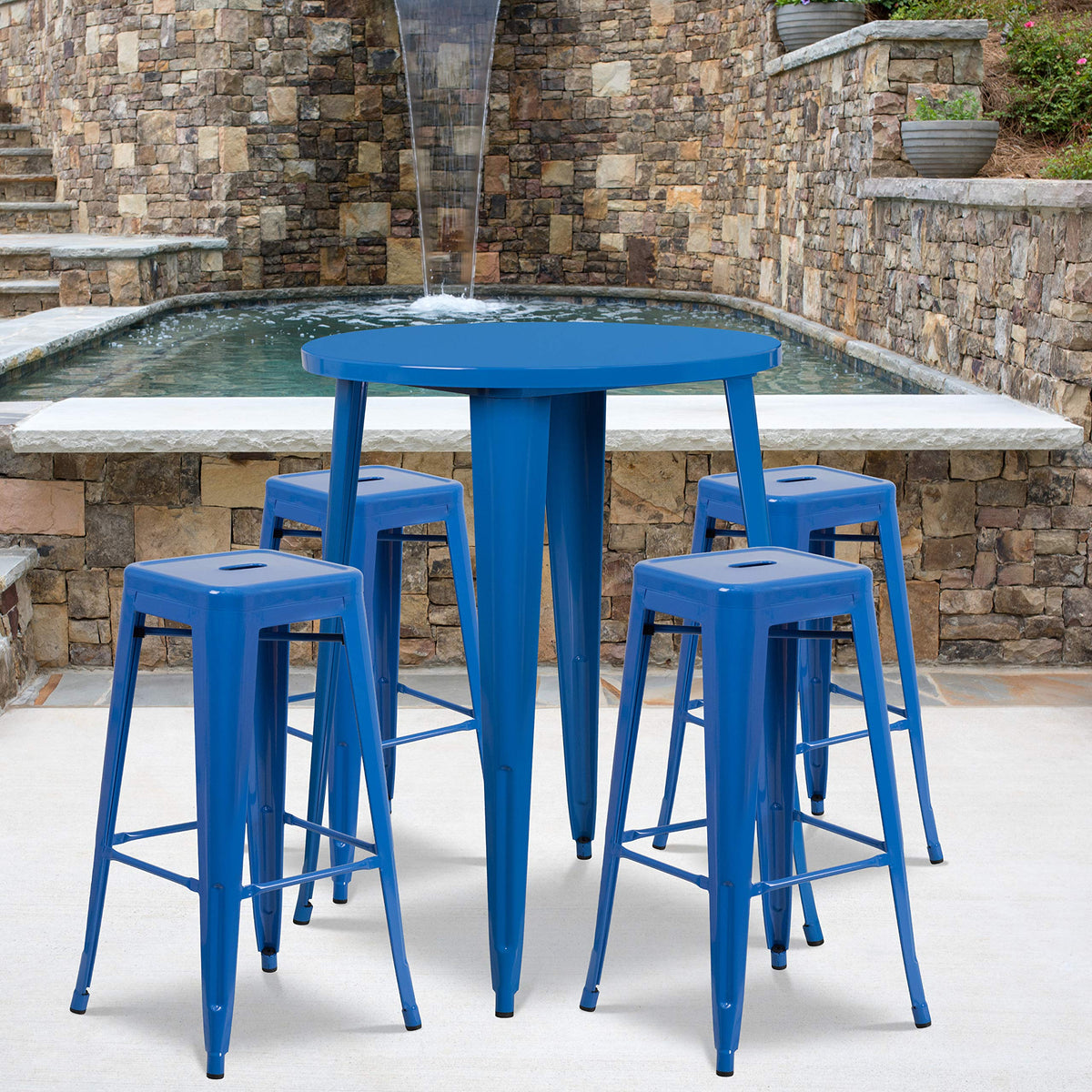 Flash Furniture Commercial Grade 30&quot; Round Blue Metal Indoor-Outdoor Bar Table Set with 4 Square Seat Backless Stools