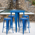 Flash Furniture Commercial Grade 30" Round Blue Metal Indoor-Outdoor Bar Table Set with 4 Square Seat Backless Stools