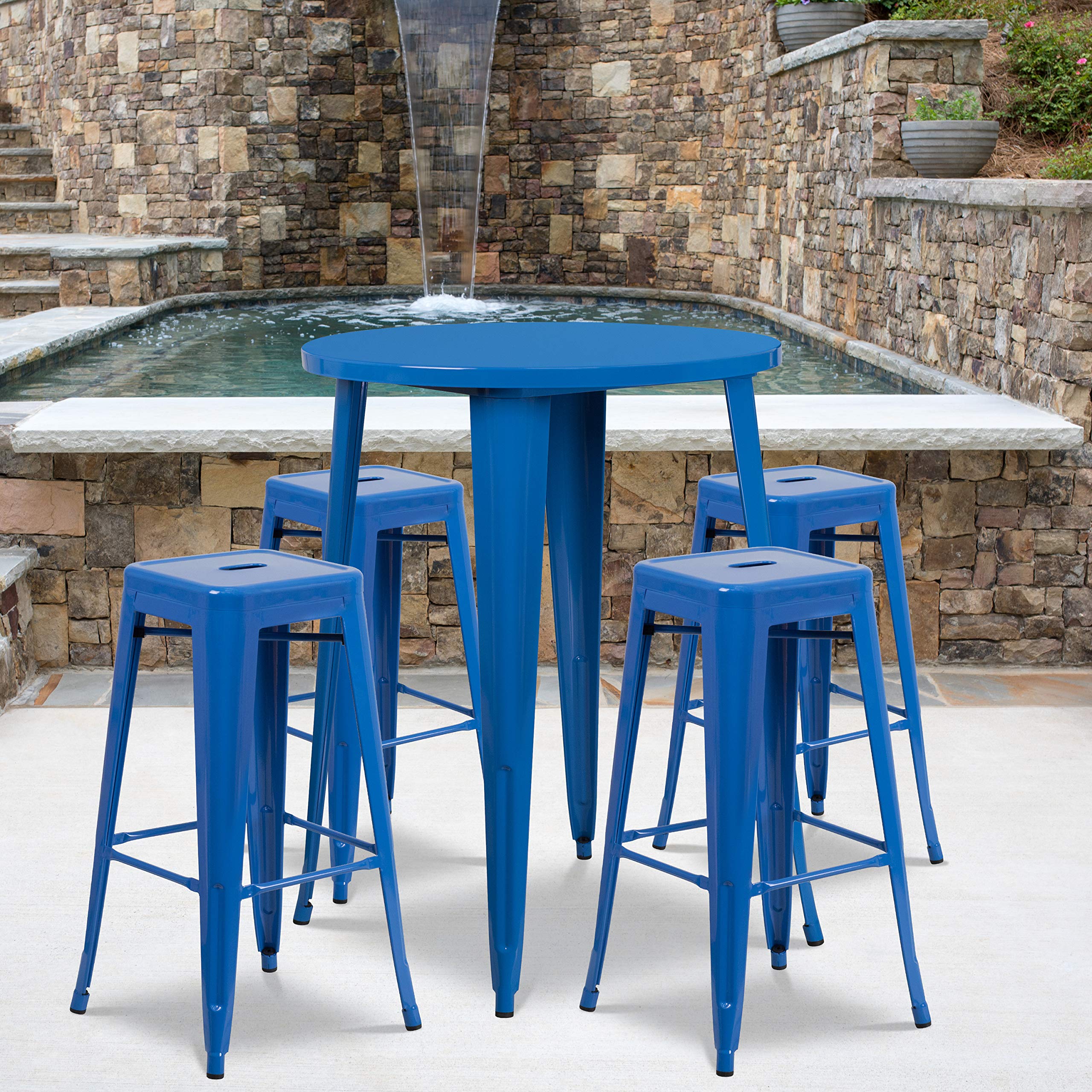 Flash Furniture Commercial Grade 30" Round Blue Metal Indoor-Outdoor Bar Table Set with 4 Square Seat Backless Stools