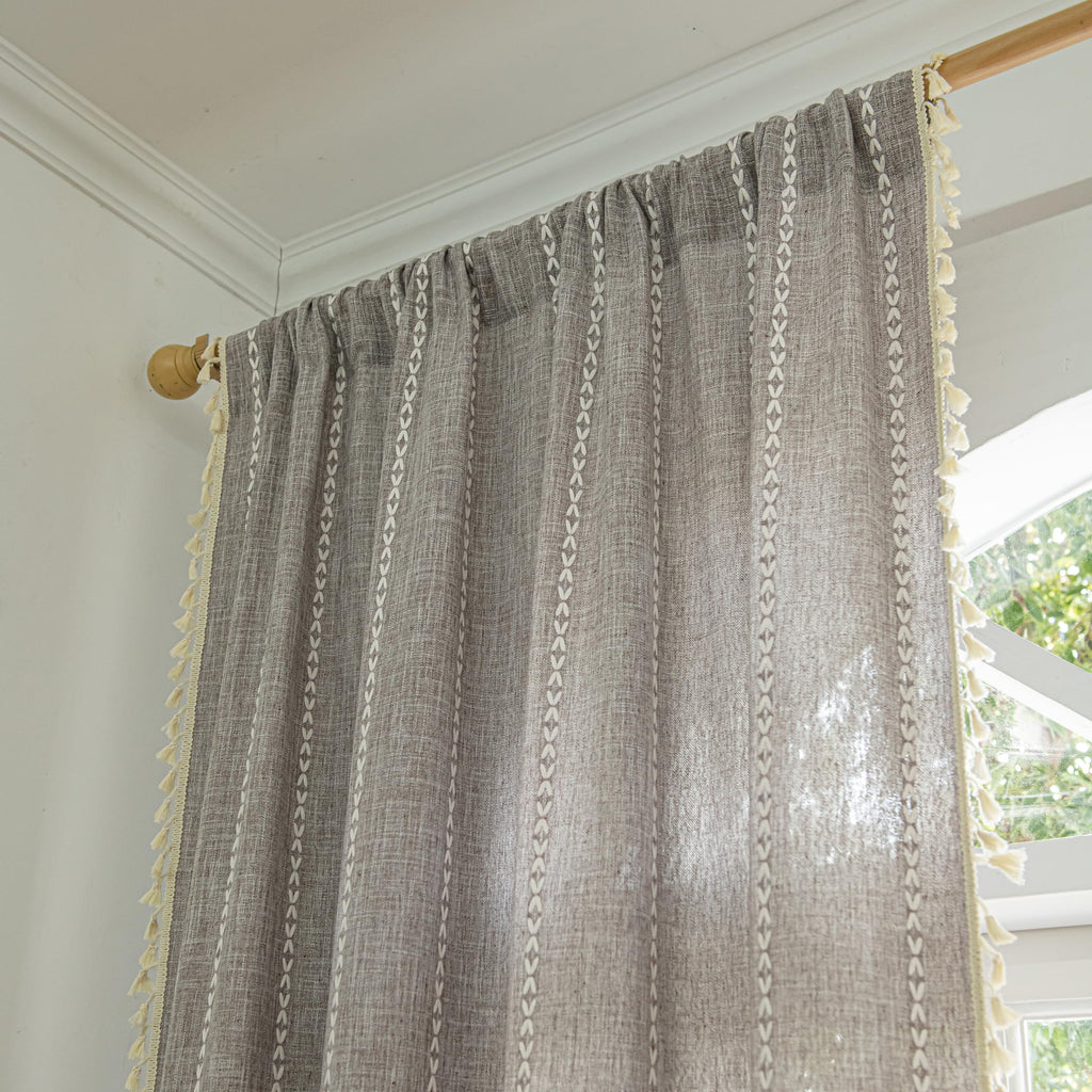 Sutuo Home Brown Boho Curtains 84 Inch For Bedroom, Semi Blackout Linen Farmhouse Shabby Chic Tassels Window Treatment Bohemian
