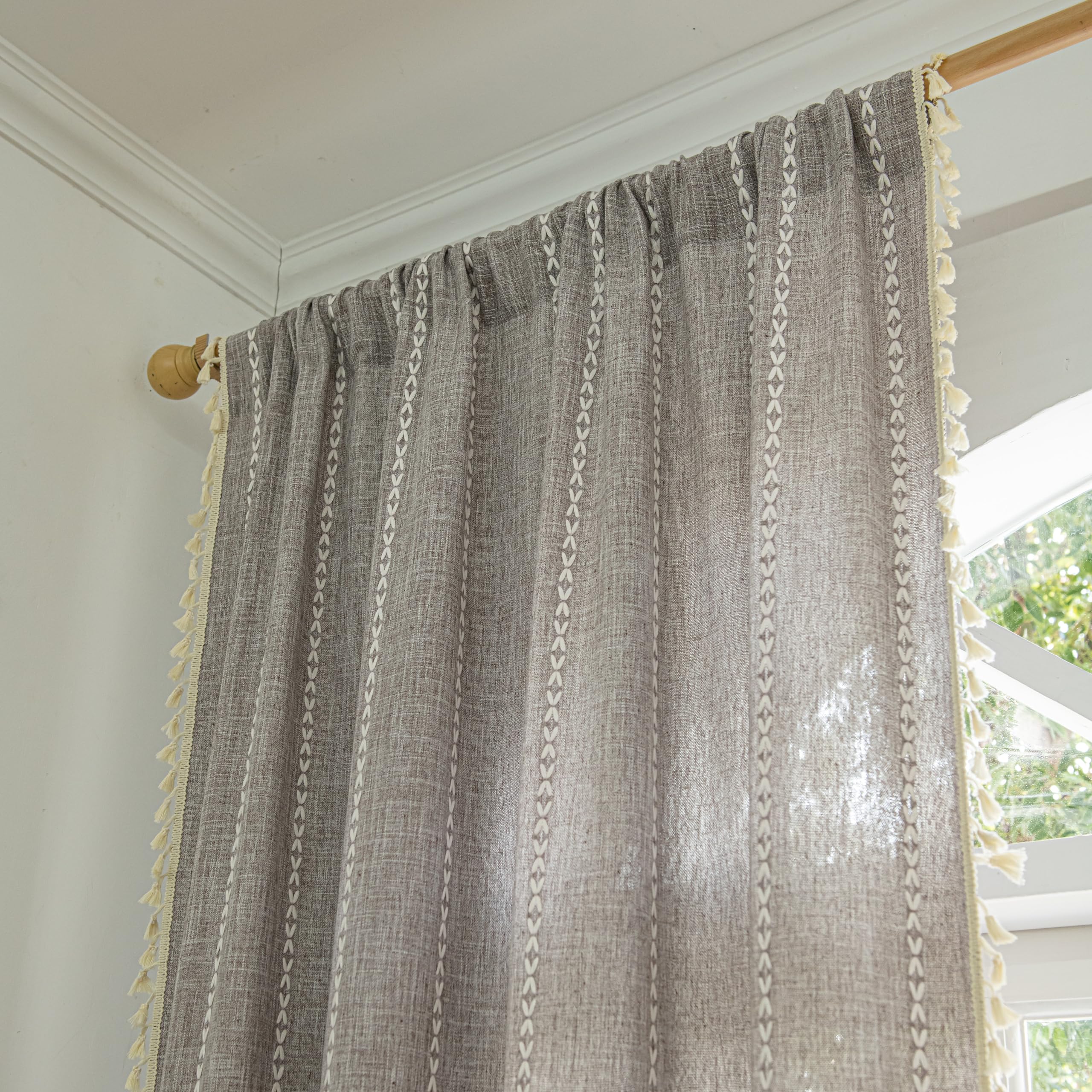Sutuo Home Brown Boho Curtains 84 Inch For Bedroom, Semi Blackout Linen Farmhouse Shabby Chic Tassels Window Treatment Bohemian