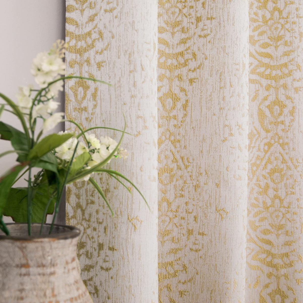 Mrs.Naturall Gold Yellow Semi Sheer Curtains 108 Inches Long for Living Room 2 Panel Set Damask Pattern Jacquard Luxury Drapes f