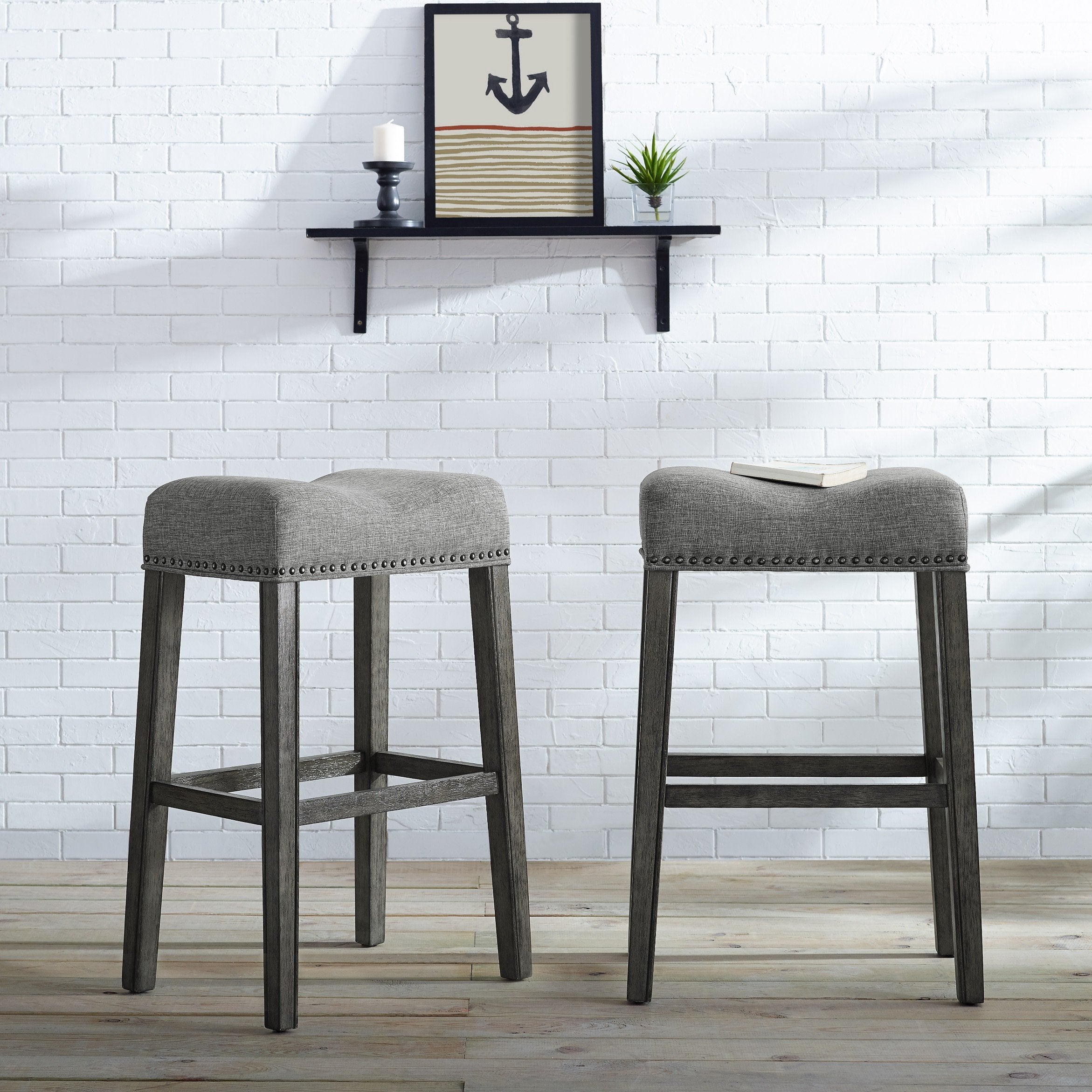 Coco Upholstered Backless Saddle Seat Bar Stools 29 Height Set Of 2, Gray