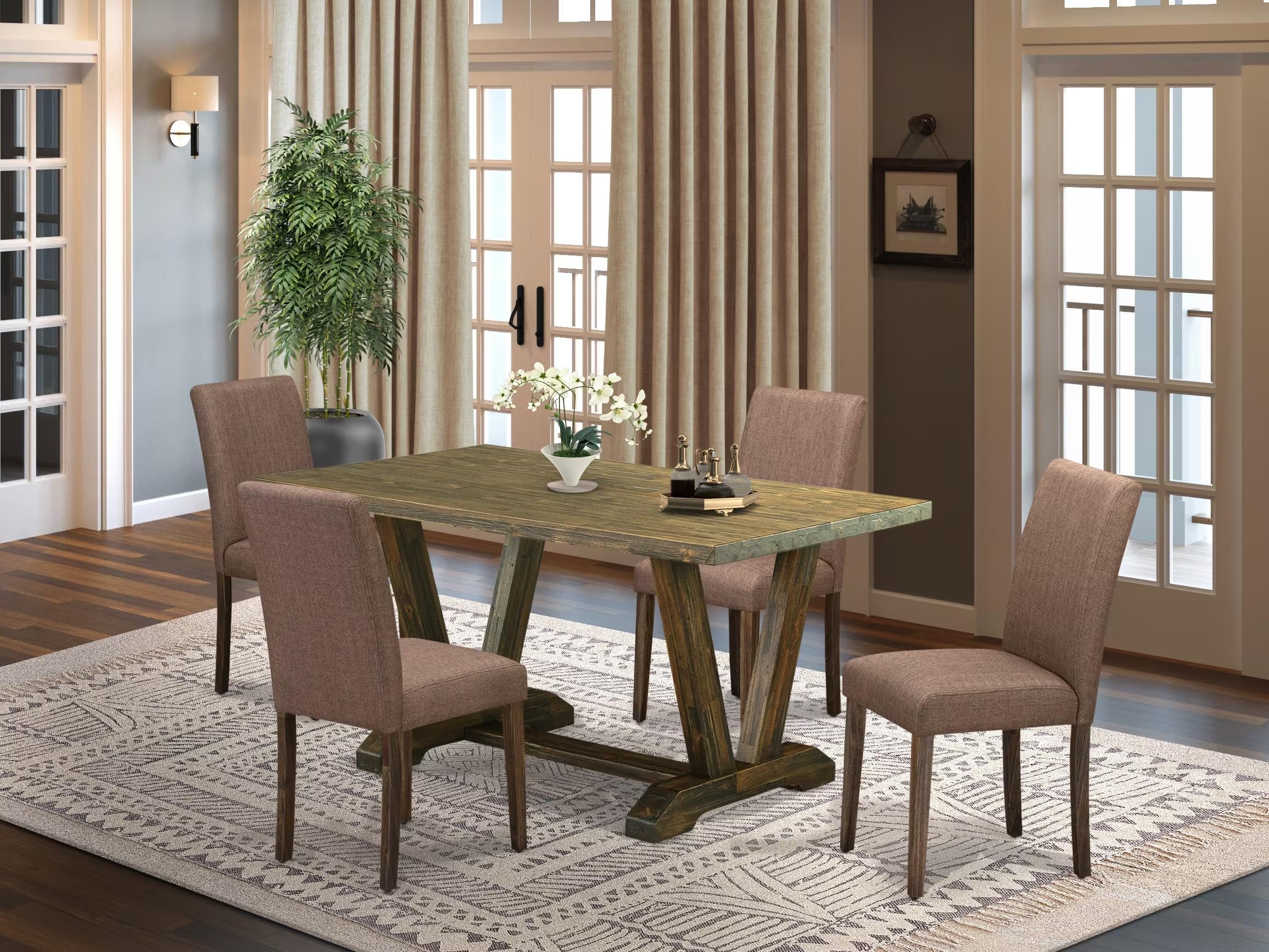East West Furniture V776Ab747-5 5 Piece Kitchen Table & Chairs Set Includes A Rectangle Dining Room Table With V-Legs And 4 Light Sable Linen Fabric Parsons Chairs, 36X60 Inch, Multi-Color