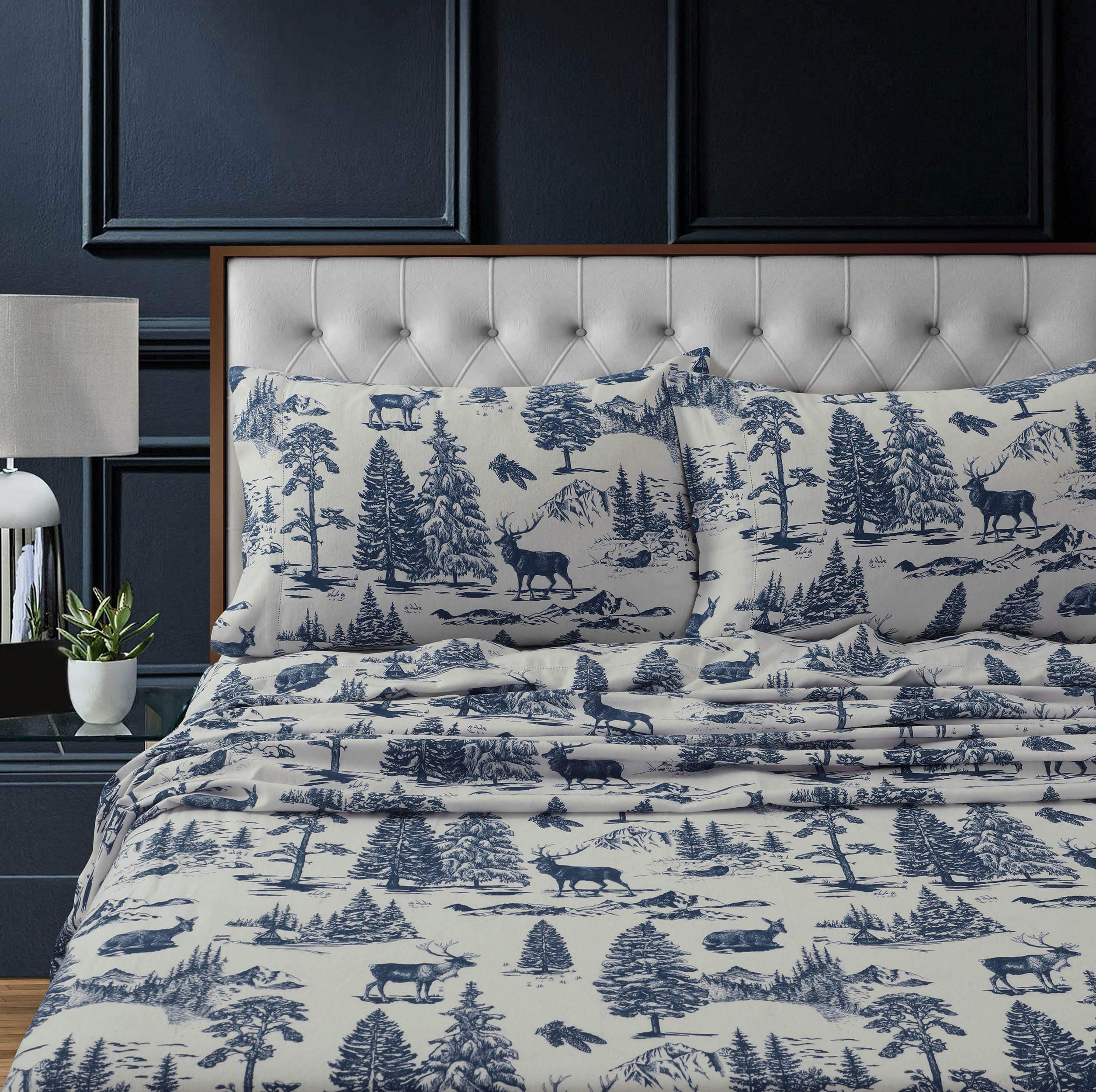 Tribeca Living 100% Cotton Flannel Sheet Set - 200 Gsm, Deep Pocket, Ultra Soft & Cozy, Queen, Deer Toile Navy