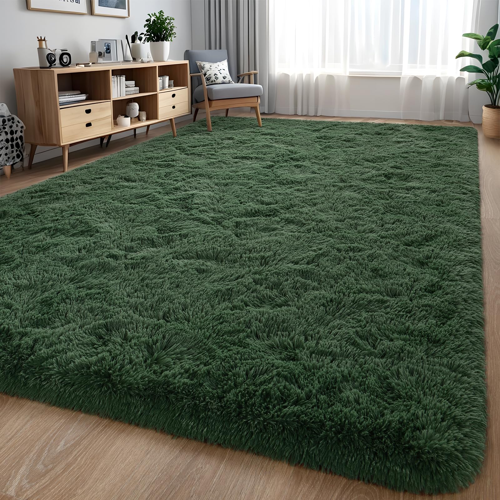 Larhom Large Fluffy Area Rugs for Living Room Bedroom, 6x9 Dark Green Ultra Soft Plush Fuzzy Rug, Anti-Skid Indoor Carpet Nurser
