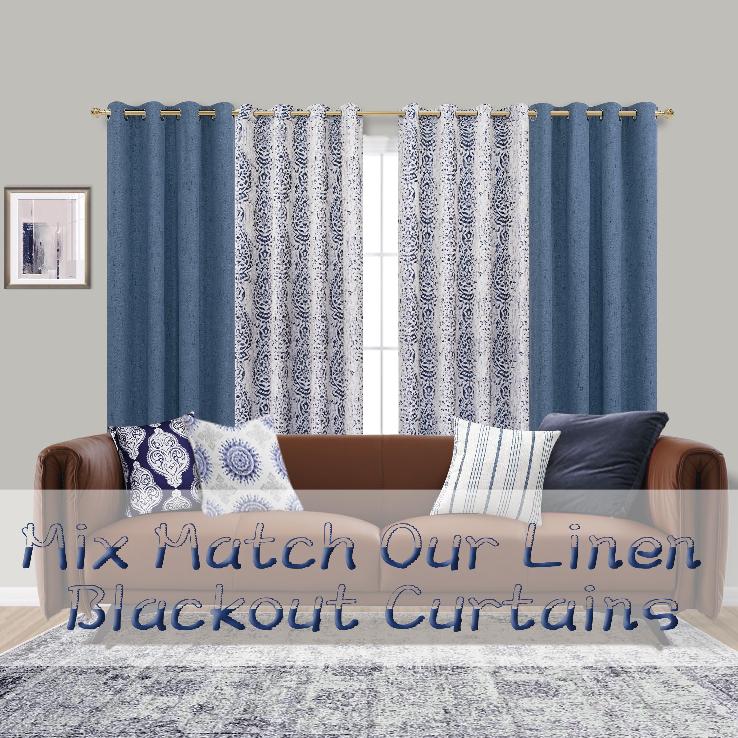 Mrs.Naturall Navy Blue Curtains 96 Inches Long 2 Panel Set For Sliding Glass Door,50% Blackout Boho Floral Patterned Print Black Out Curtains For Living Room