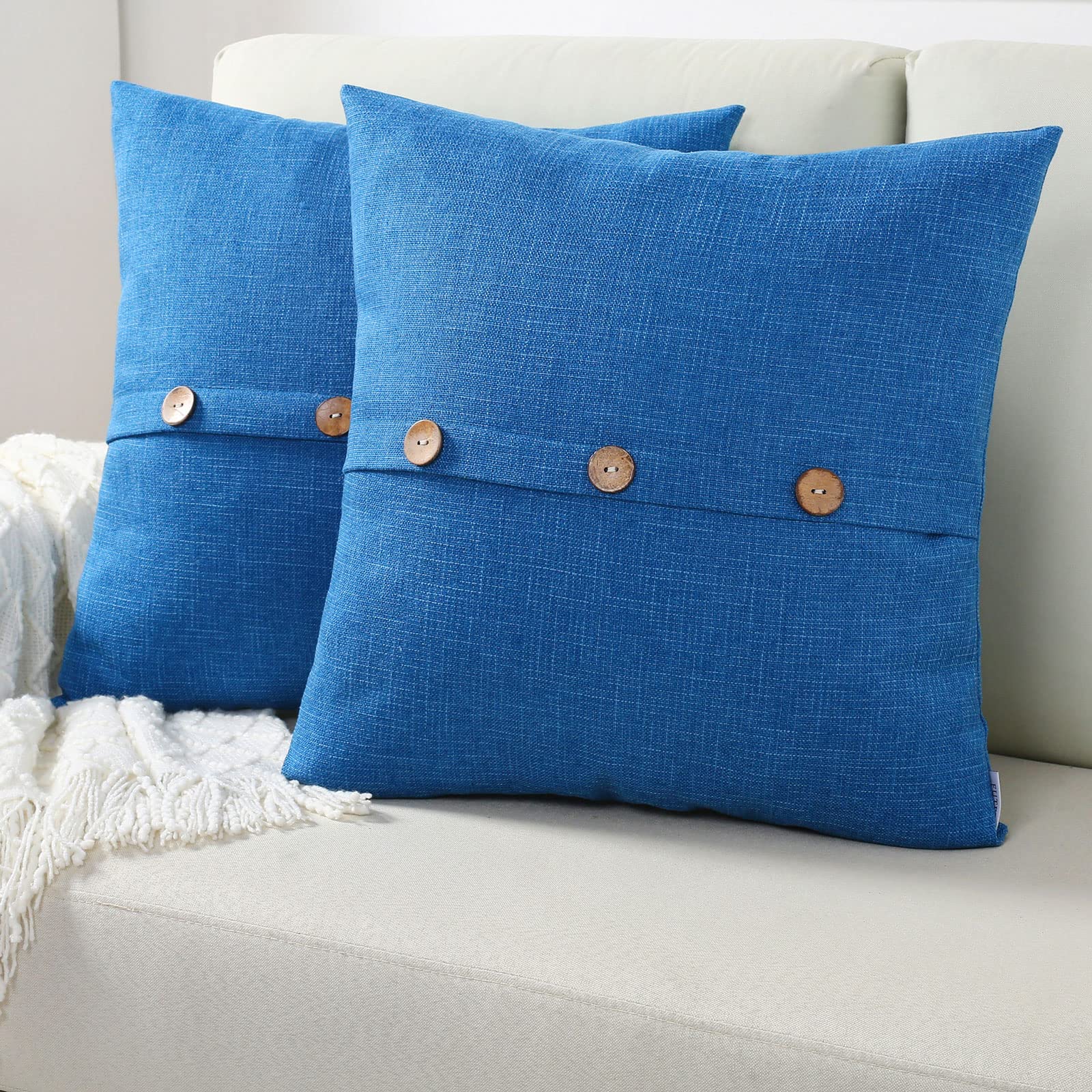 Futei Royal Blue Linen Decorative Throw Pillow Covers 22X22 Inch Set Of 2, Square Cushion Case With Vintage Button/Zipper,Modern