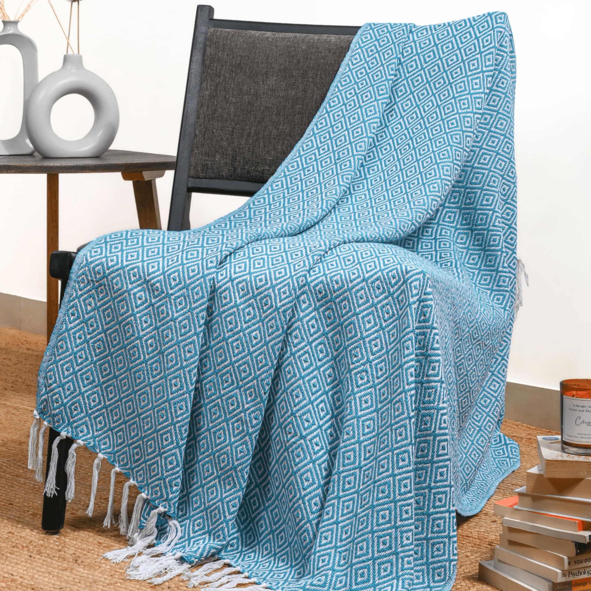 Rajrang Aqua Blue Throw Blanket With Boho Tassel - 50X60 Inch Super Soft 100% Cotton Warm Decorative Farmhouse Throw For Sofa, C