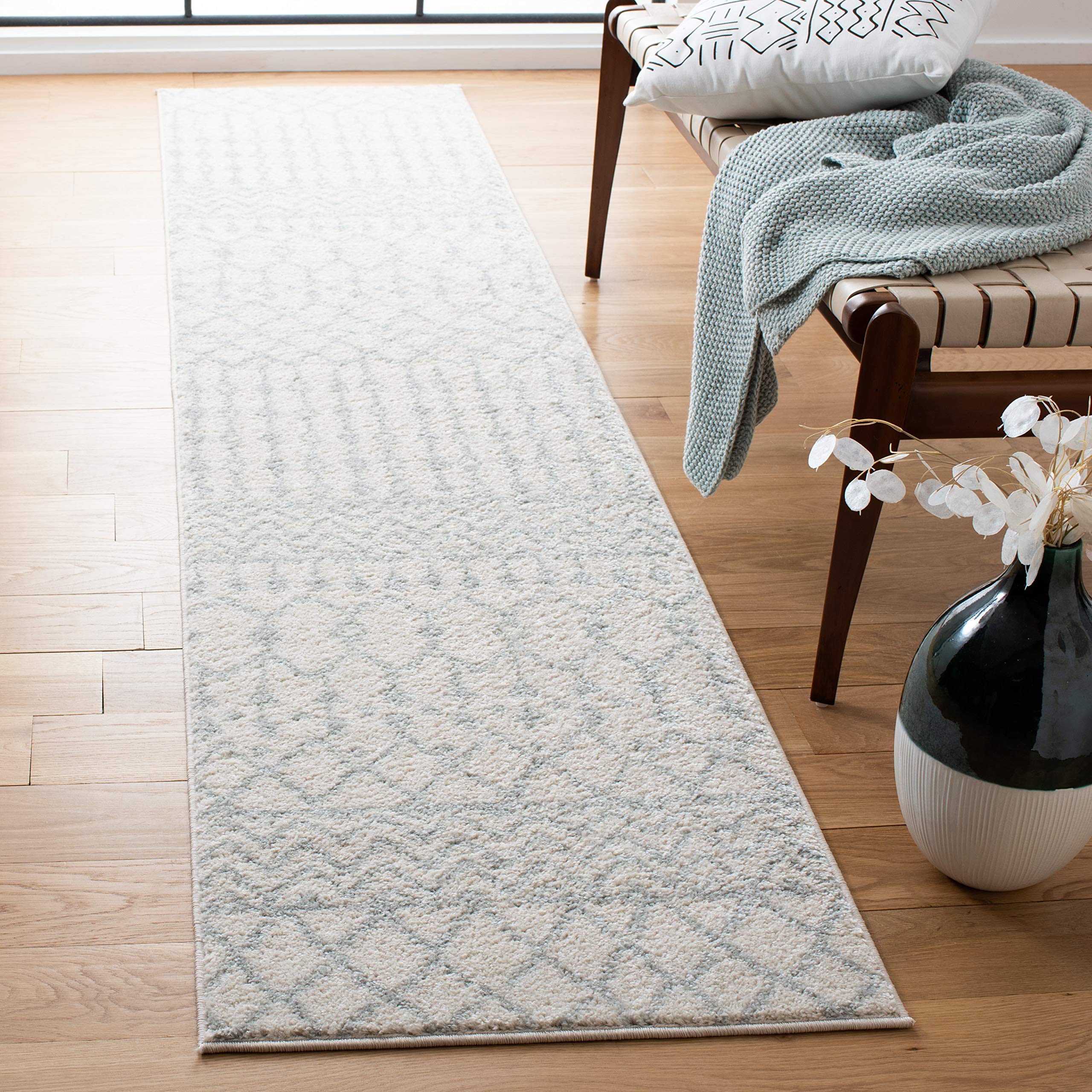 SAFAVIEH Tulum Collection Runner Rug - 2 x 13, Ivory & Light Grey, Moroccan Boho Distressed Design, Non-Shedding & Easy Care, 