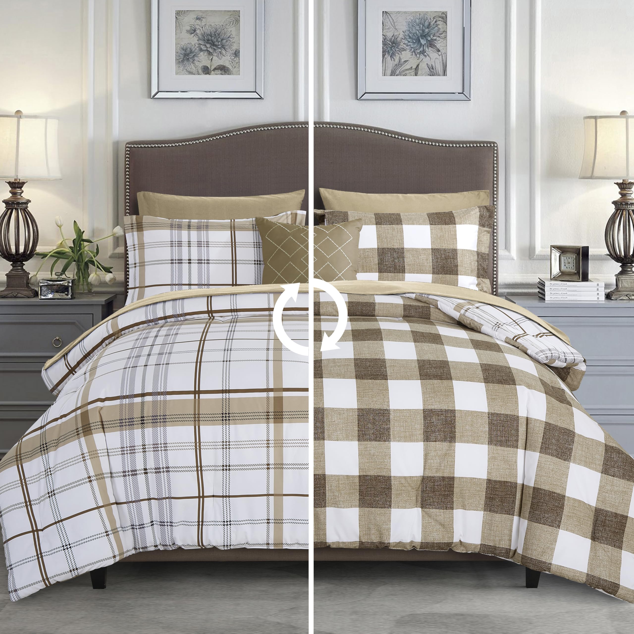 Elegant Comfort 8- Piece Lodge Plaid Reversible Comforter Set Bed-In-A-Bag Set - Silky Soft Complete Set Includes Bed Sheet Set With Double Sided Storage Pockets, King/Cal King, Taupe