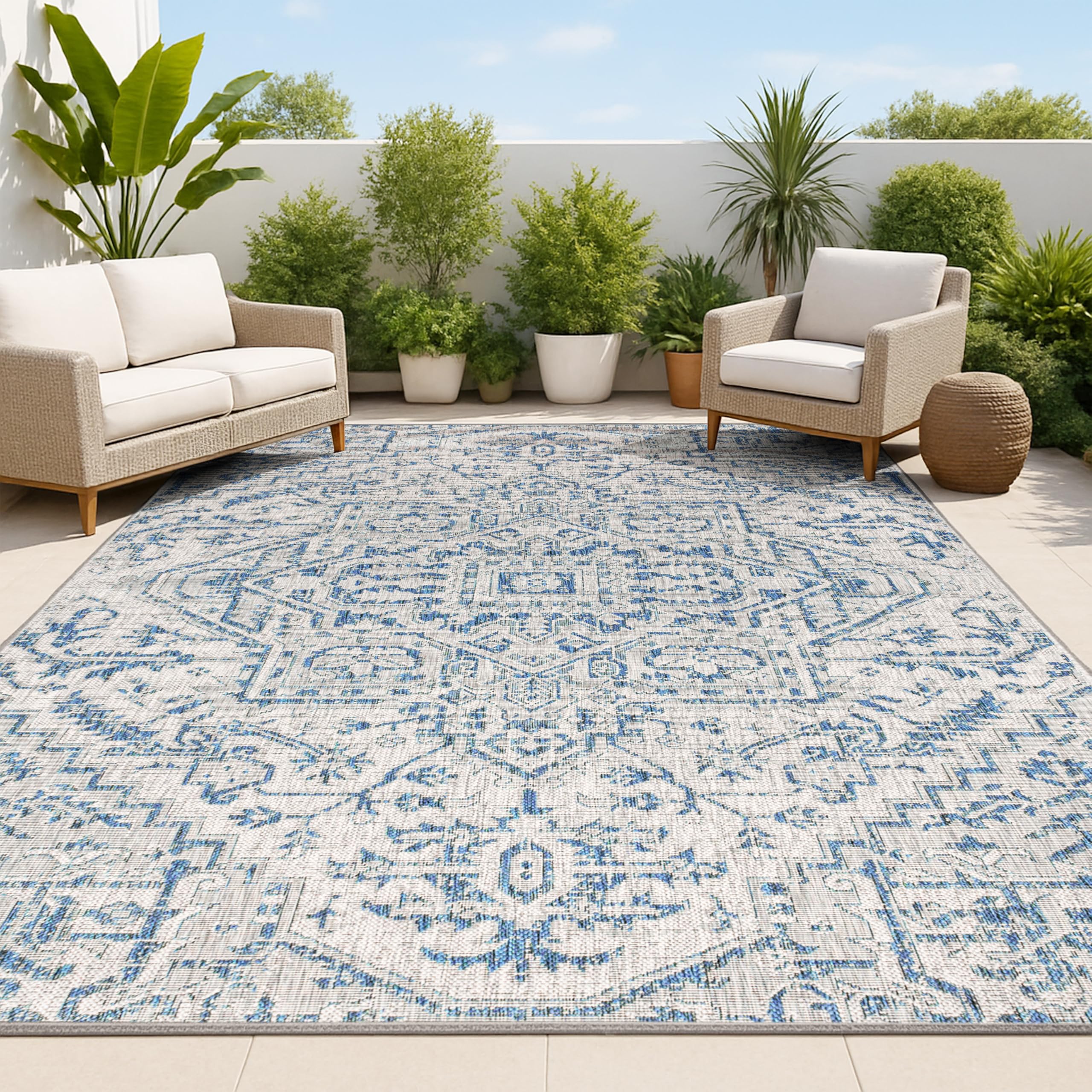 JONATHAN Y Boho Medallion Indoor Outdoor Area Rug 9X12 Navy/Gray, Estrella Textured Weave for Backyard, Patio, Porch, Easy-Clean