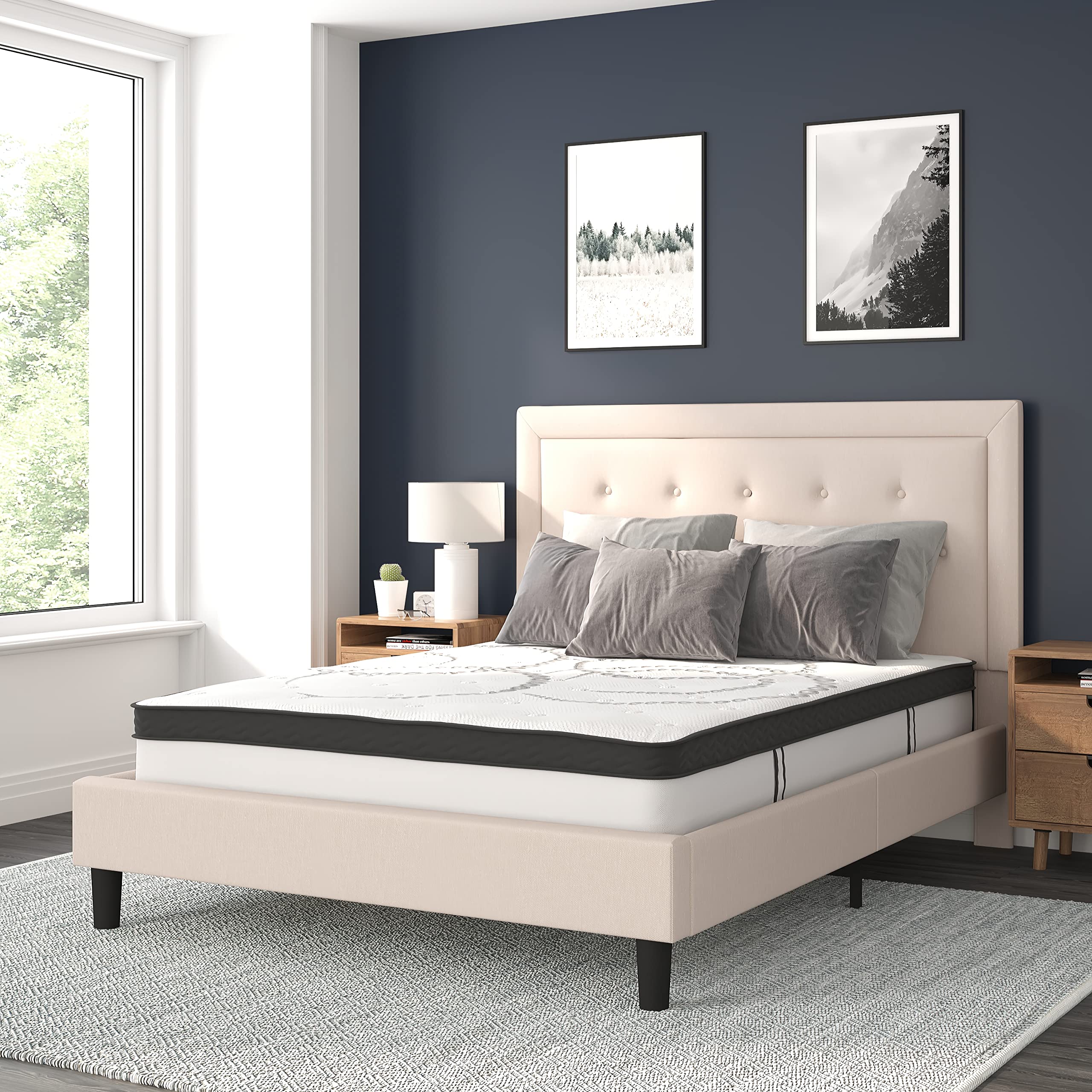 Flash Furniture Roxbury Queen Size Tufted Upholstered Platform Bed In Beige Fabric With 10 Inch Certipur-Us Certified Pocket Spring Mattress