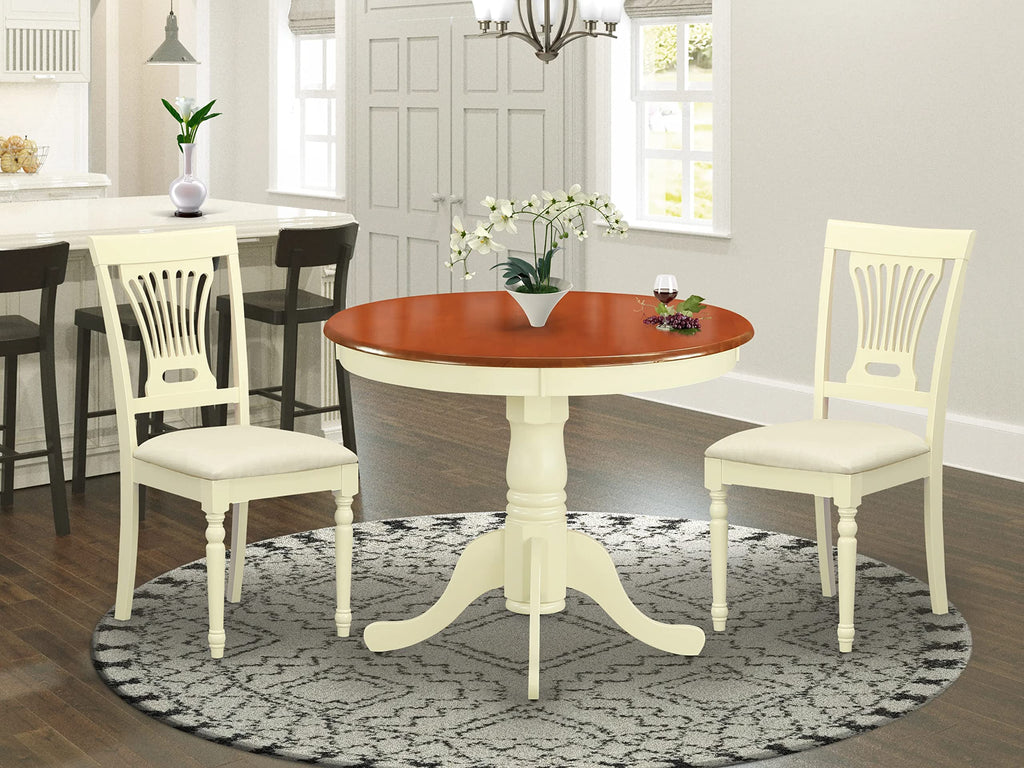 East West Furniture ANPL3-WHI-C 3 Piece Dining Table Set for Small Spaces Contains a Round Kitchen Table with Pedestal and 2 Linen Fabric Kitchen Dining Chairs, 36x36 Inch, Buttermilk & Cherry