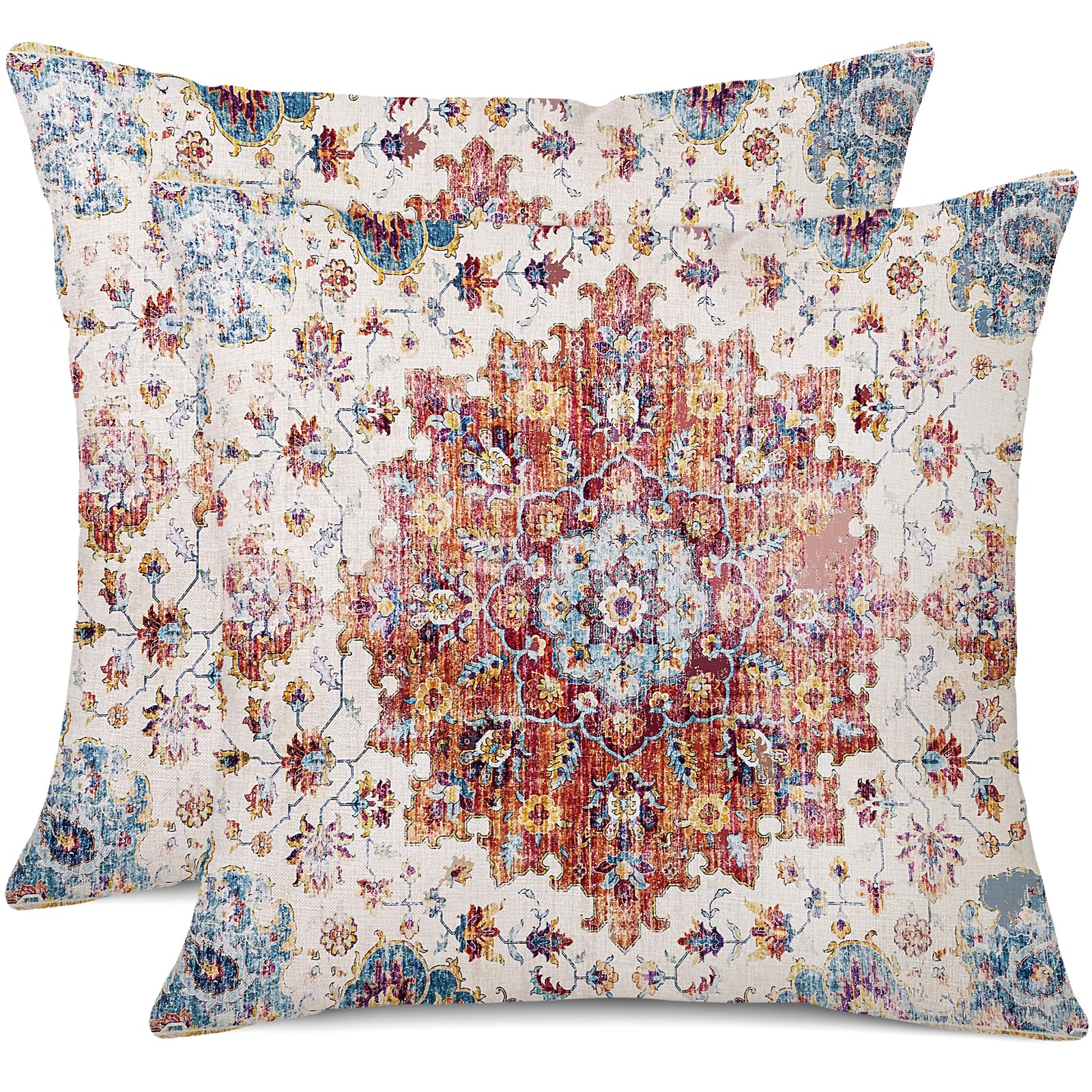 Gujiahone Outdoor Waterproof Pillow Covers 18 X 18 Inch Set Of 2 Blue Orange Bohemian Vintage Carpet Pattern Pillow Covers Ethni