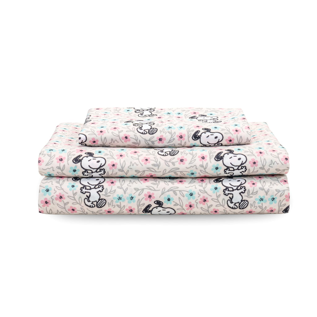 Berkshire Blanket Peanuts Kids Sheet Set, Twin Size - 3 Pieces, Peanuts Mini Snoopy Spring Floral Happy Dance Soft Grey, Cute Ch