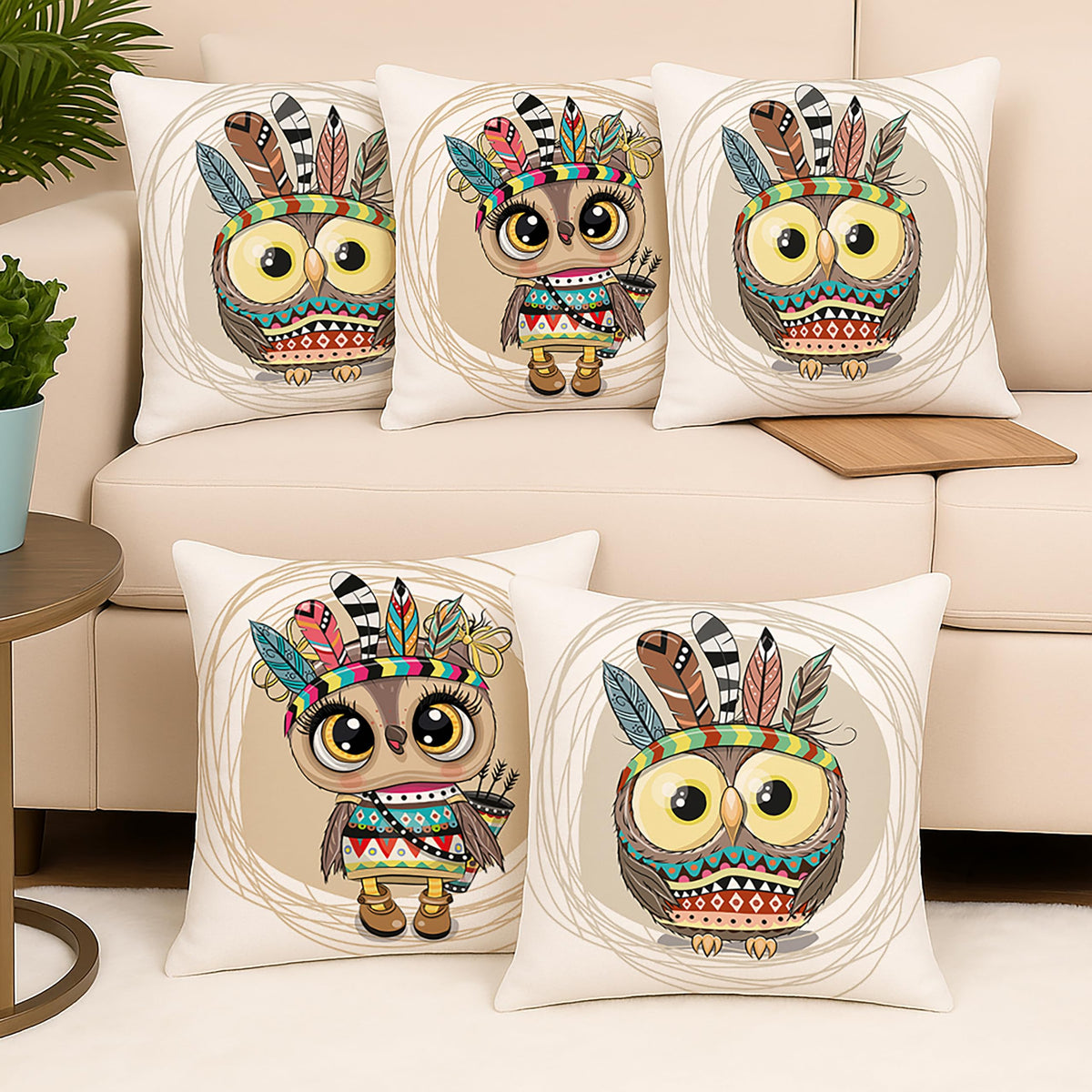 Amazon Brand  Umi. Owl Printed Poly Cotton Cushion Covers, Set Of 5 (12 X 12 Inches With Filler)