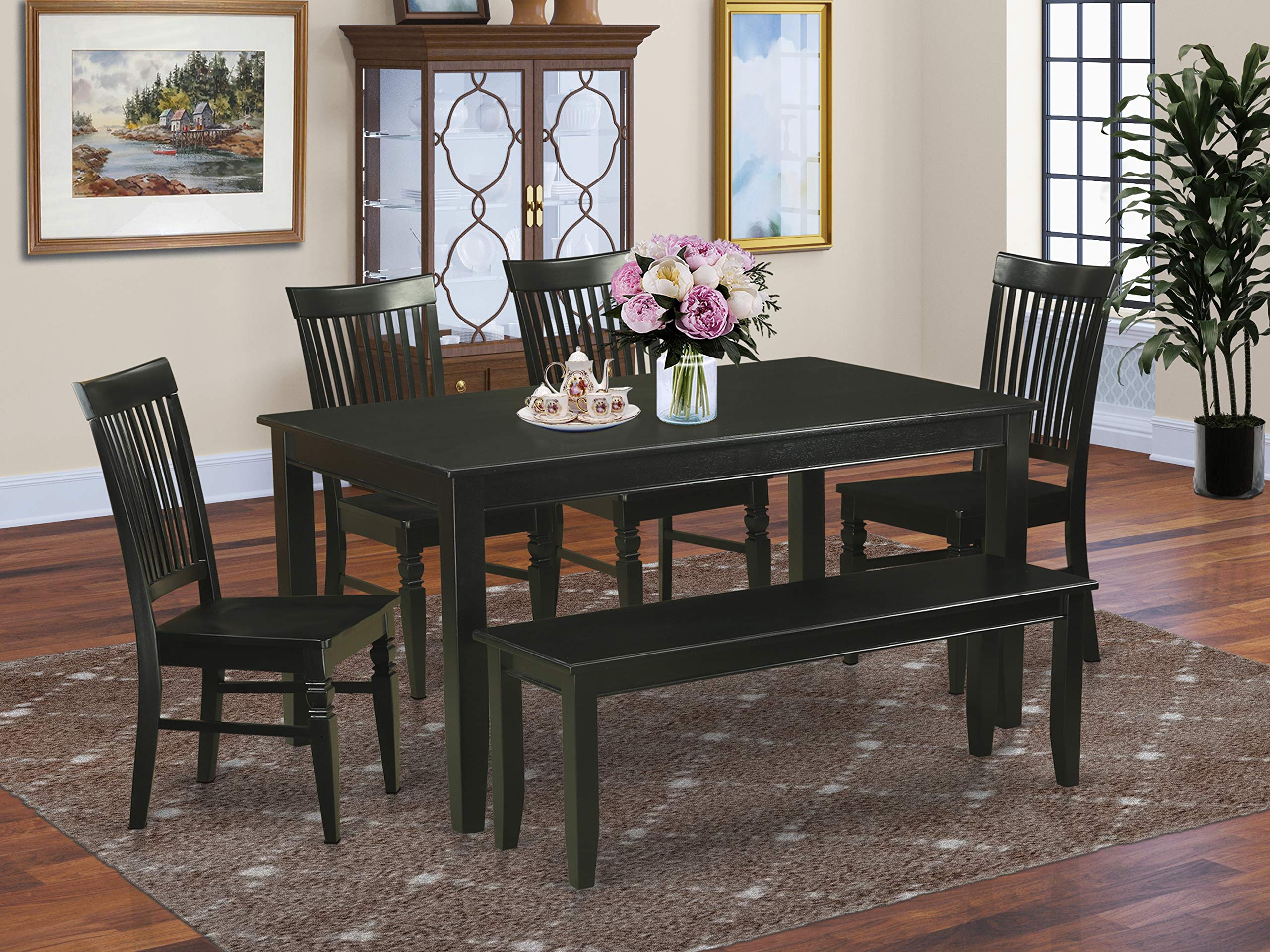 East West Furniture DUWE6-BLK-W Dudley 6 Piece Set Contains a Rectangle Dining Room Table and 4 Kitchen Chairs with a Bench, 36x60 Inch, Black