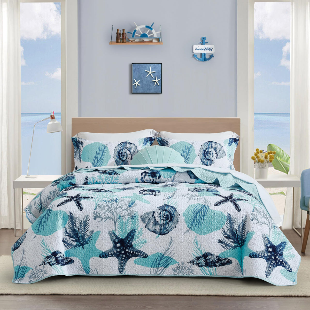 Tritard 3 Piece Coastal Quilt Sets King Size Nautical Reversible Lightweight Bedspread Coverlet With 2 Shams Blue Starfish Conch