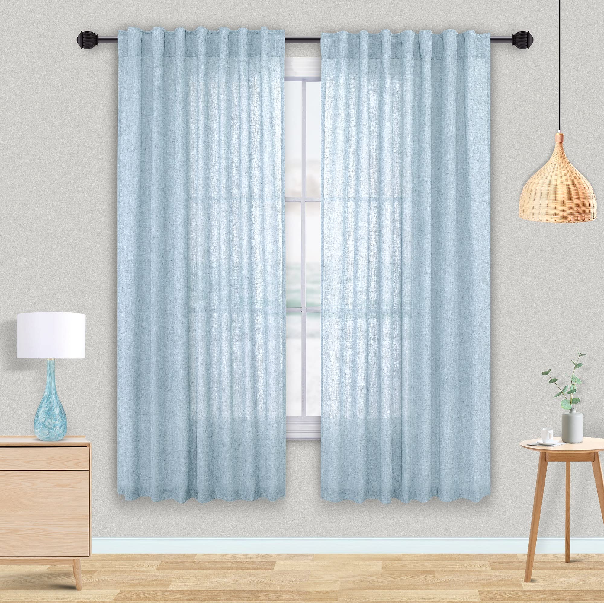 Light Blue Curtains Panels 63 Inch Length For Nursery Back Tab Semi Sheer, Linen Textured Drapes Rod Pocket 2 Panels Set,Baby Sk