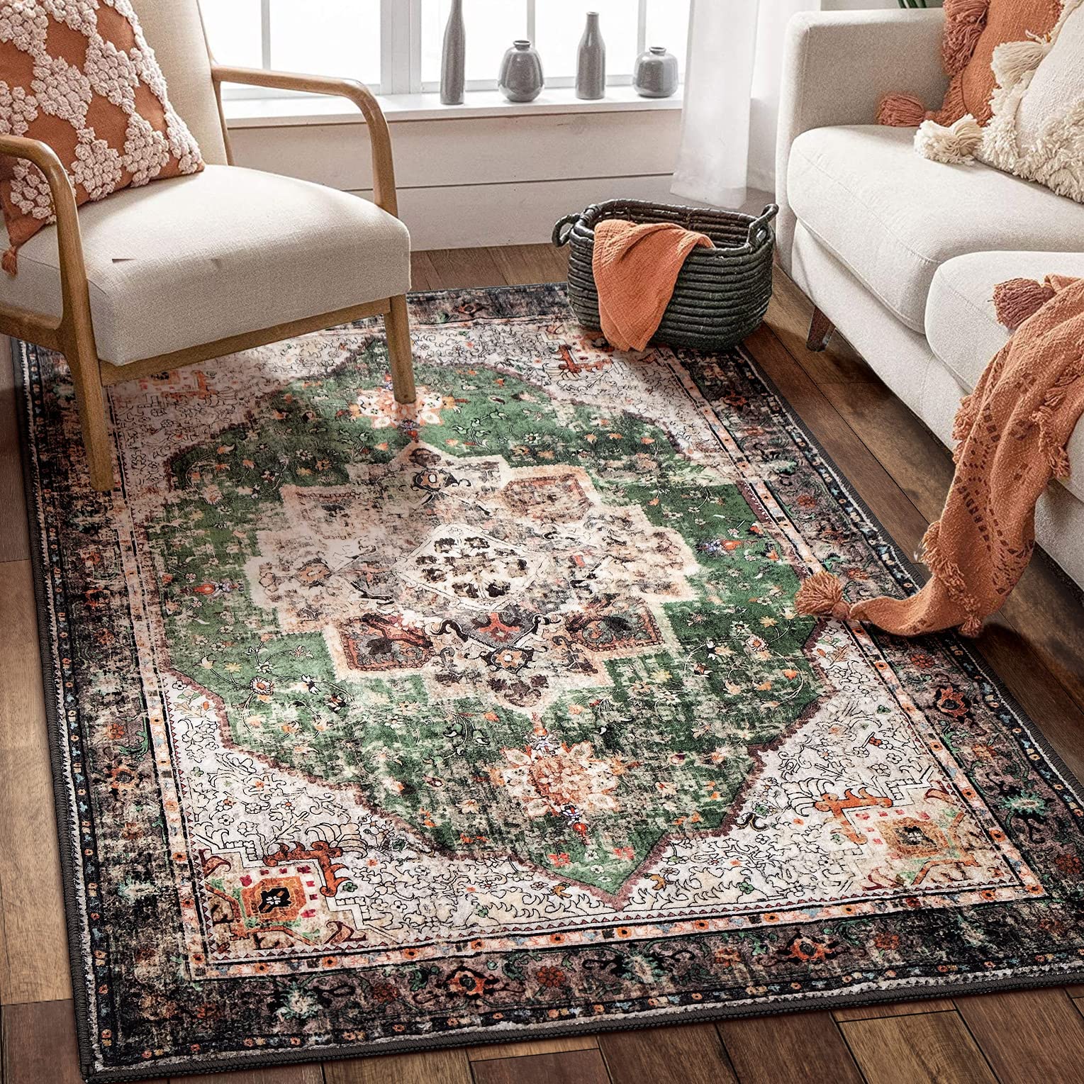YesRug Boho Area Rug 3x5 Green Rug Washable Vintage Rug for Kitchen Living Room Bedroom Bathroom Office Low Pile Non Slip Floor 
