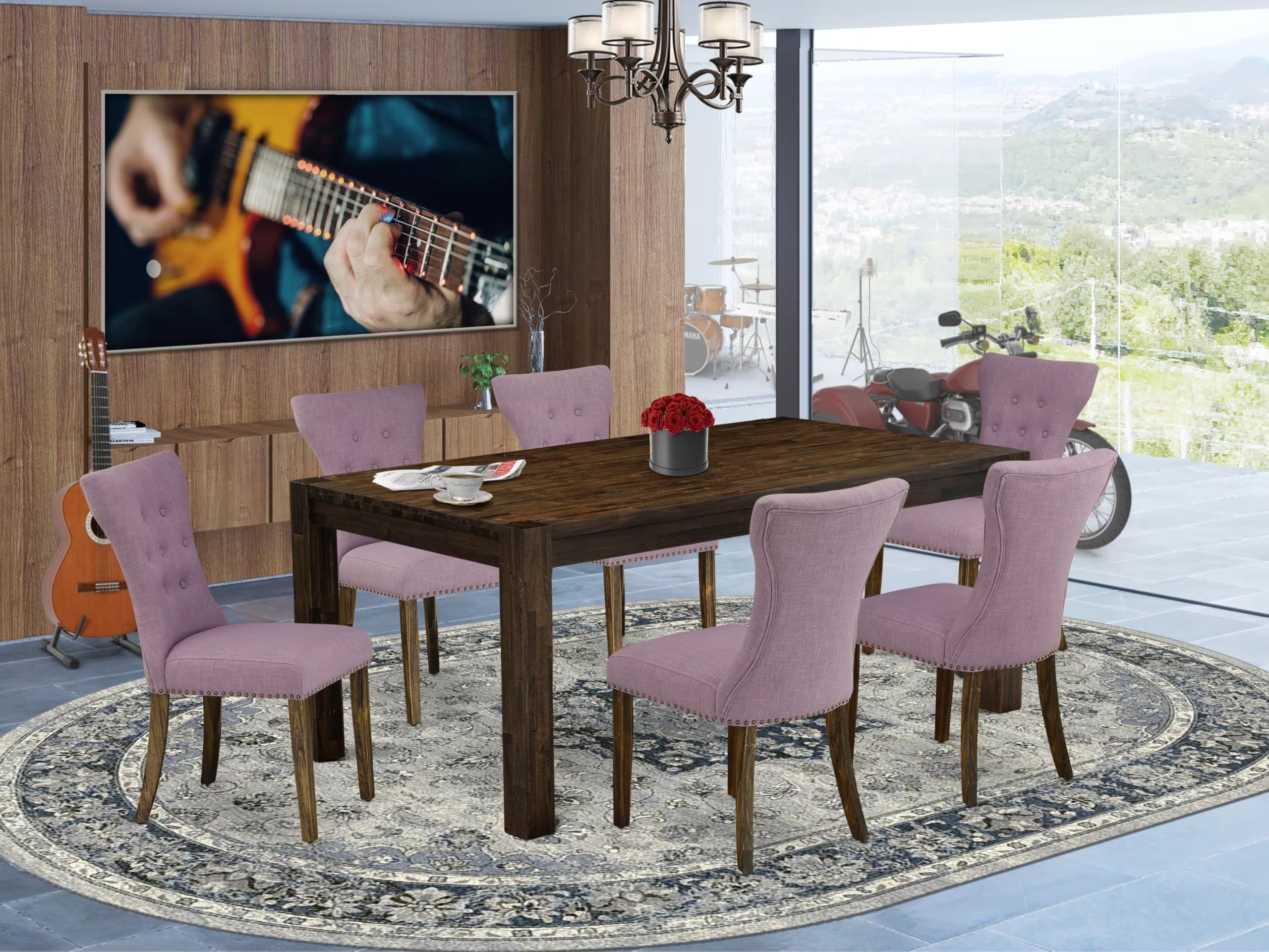 East West Furniture Lmga7-77-40 7 Piece Dining Room Table Set Consist Of A Rectangle Rustic Wood Kitchen Table And 6 Dahlia Linen Fabric Parson Dining Chairs, 40X72 Inch, Jacobean