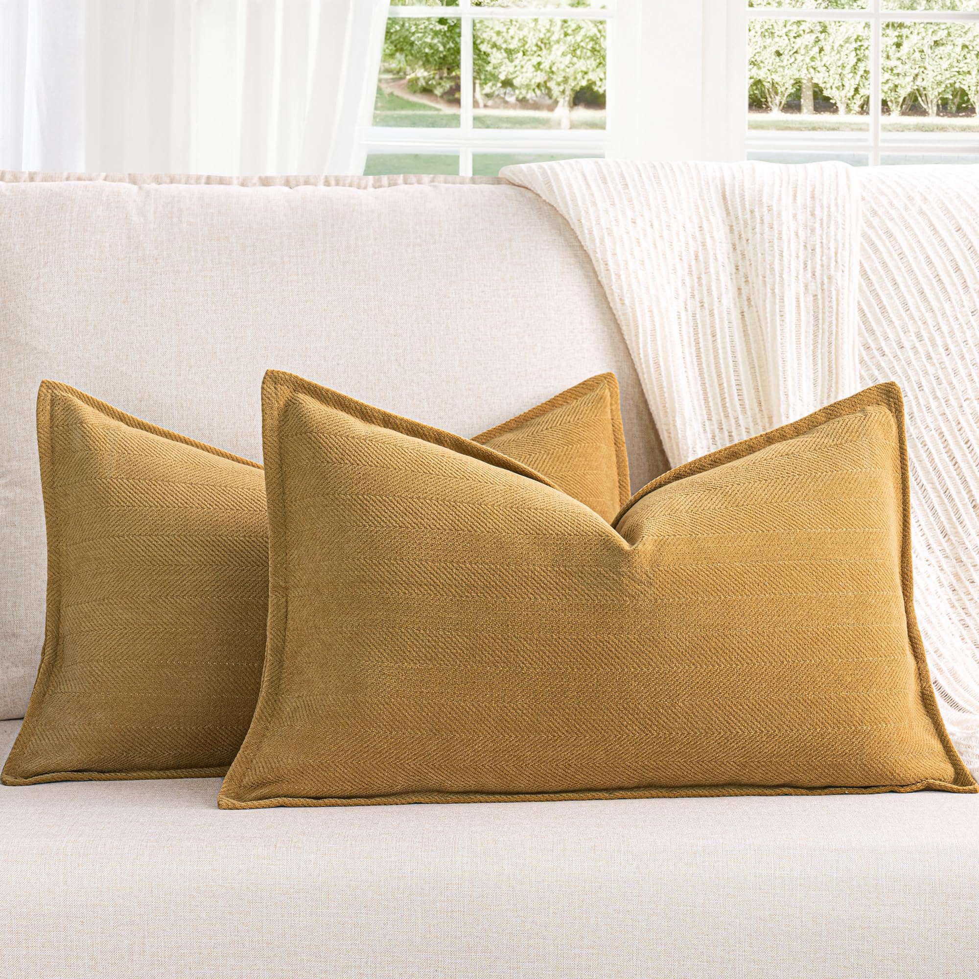 Zwjd Mustard Yellow Pillow Covers 12X20 Set Of 2 Chenille Pillow Covers With Elegant Design Soft And Luxurious Decorative Throw