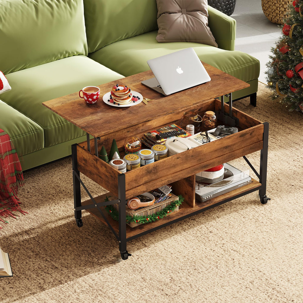 Wlive Coffee Table, 41.3' Lift Top Coffee Table With 4 Wheels, Hidden Compartment, Storage Shelf And Lift Tabletop For Living Room, Reception Room, Rustic Brown