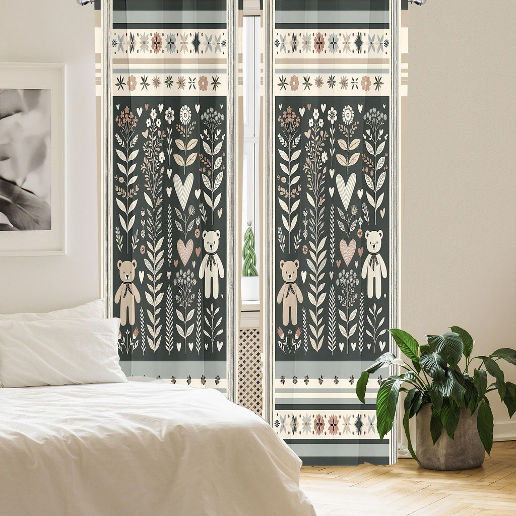 Ambesonne Neutral Window Curtains, Cartoonish Bears Nordic Scandi Themed Leaves Botanical Hearts Minimal Tones, Lightweight Deco