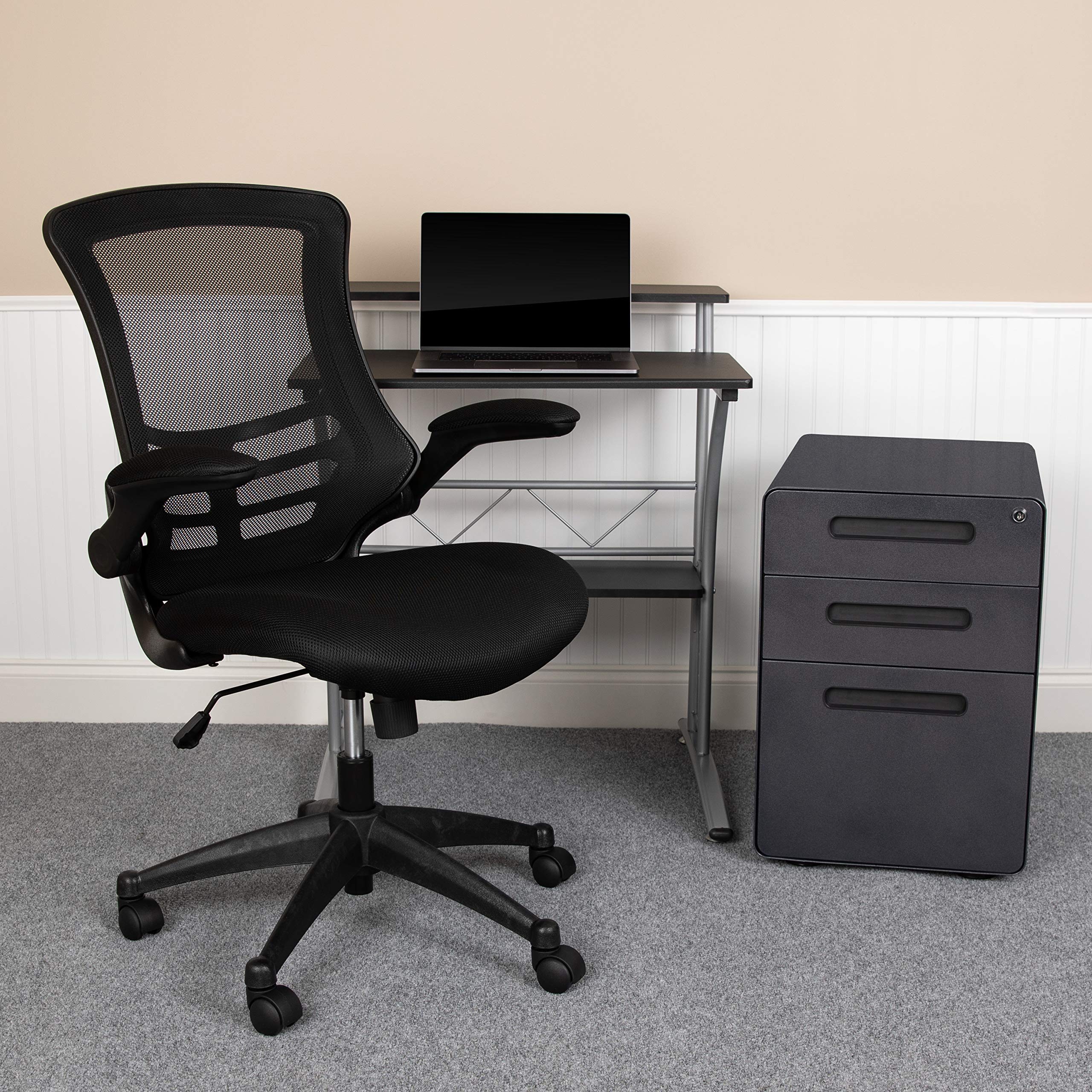 Flash Furniture Work From Home Kit - Black Computer Desk, Ergonomic Mesh Office Chair And Locking Mobile Filing Cabinet With Inset Handles
