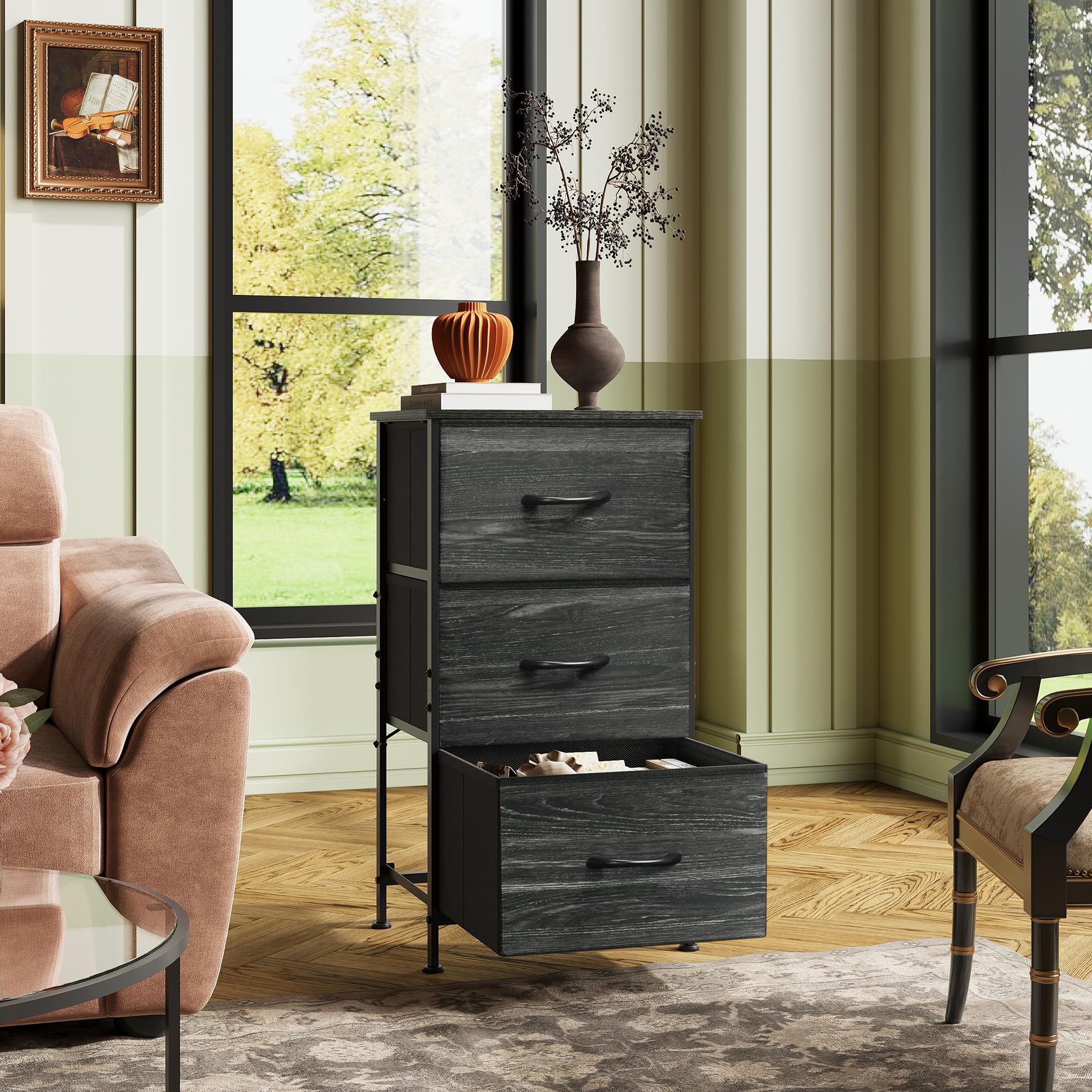 Wlive Nightstand With 3 Drawers, Fabric Dresser, Organizer Unit, Storage Dresser For Bedroom, Hallway, Entryway, Closets, Steel Frame, Wood Top, Easy Pull Handle, Charcoal Black Wood Grain Print